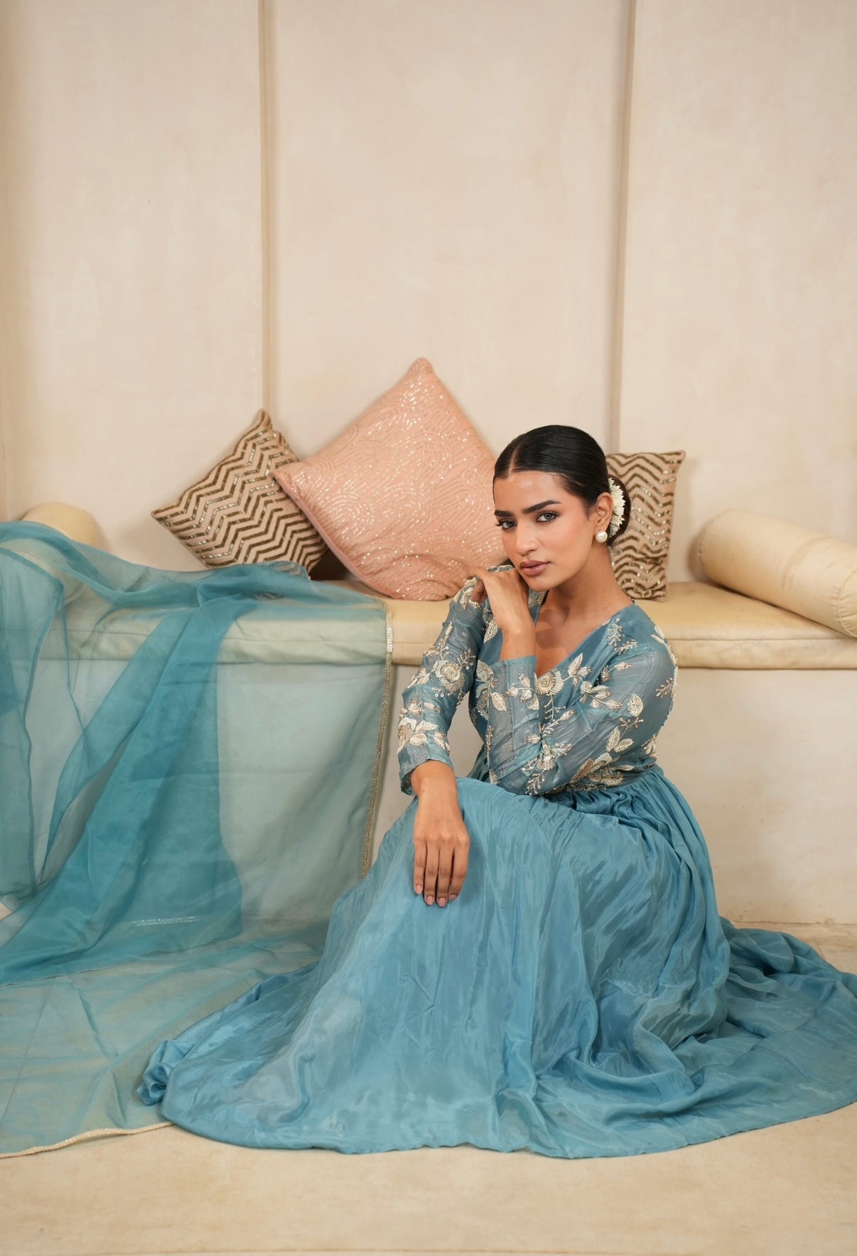 Teal Bloom Embroidered Anarkali Set