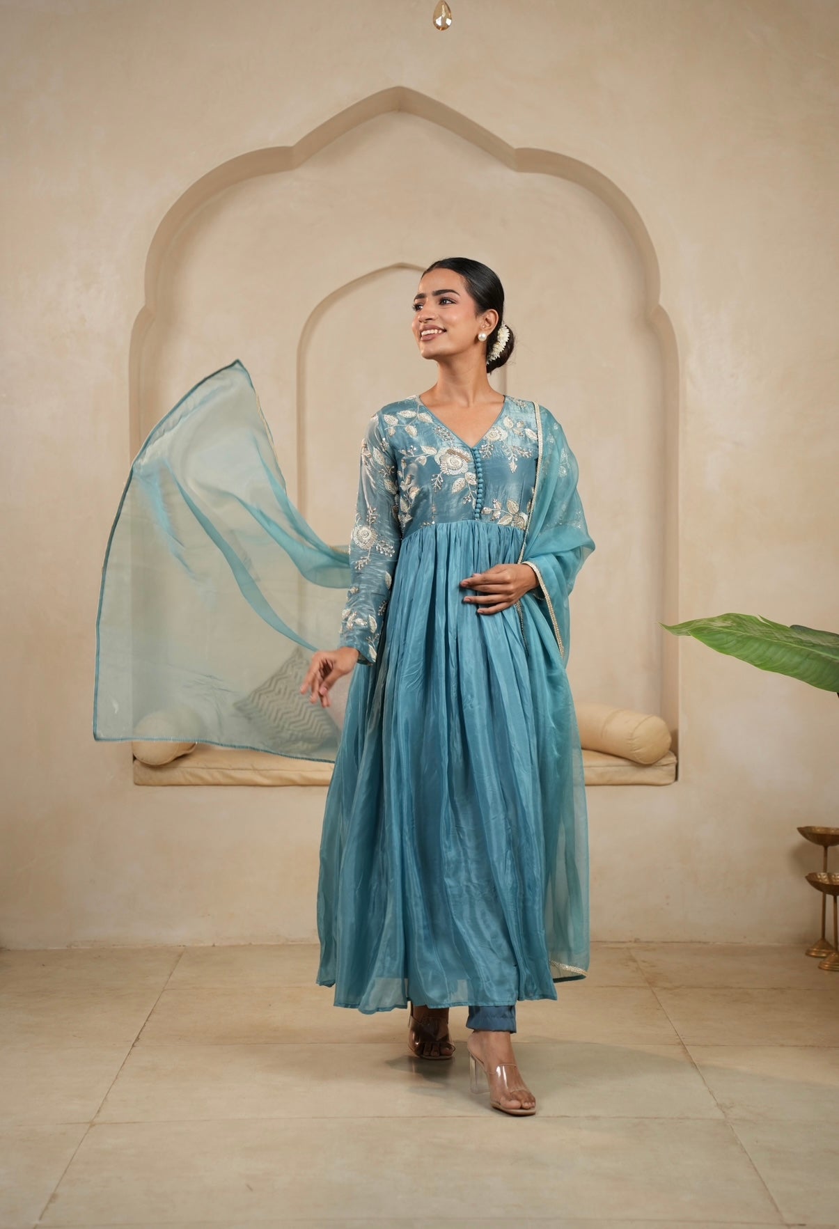 Teal Bloom Embroidered Anarkali Set