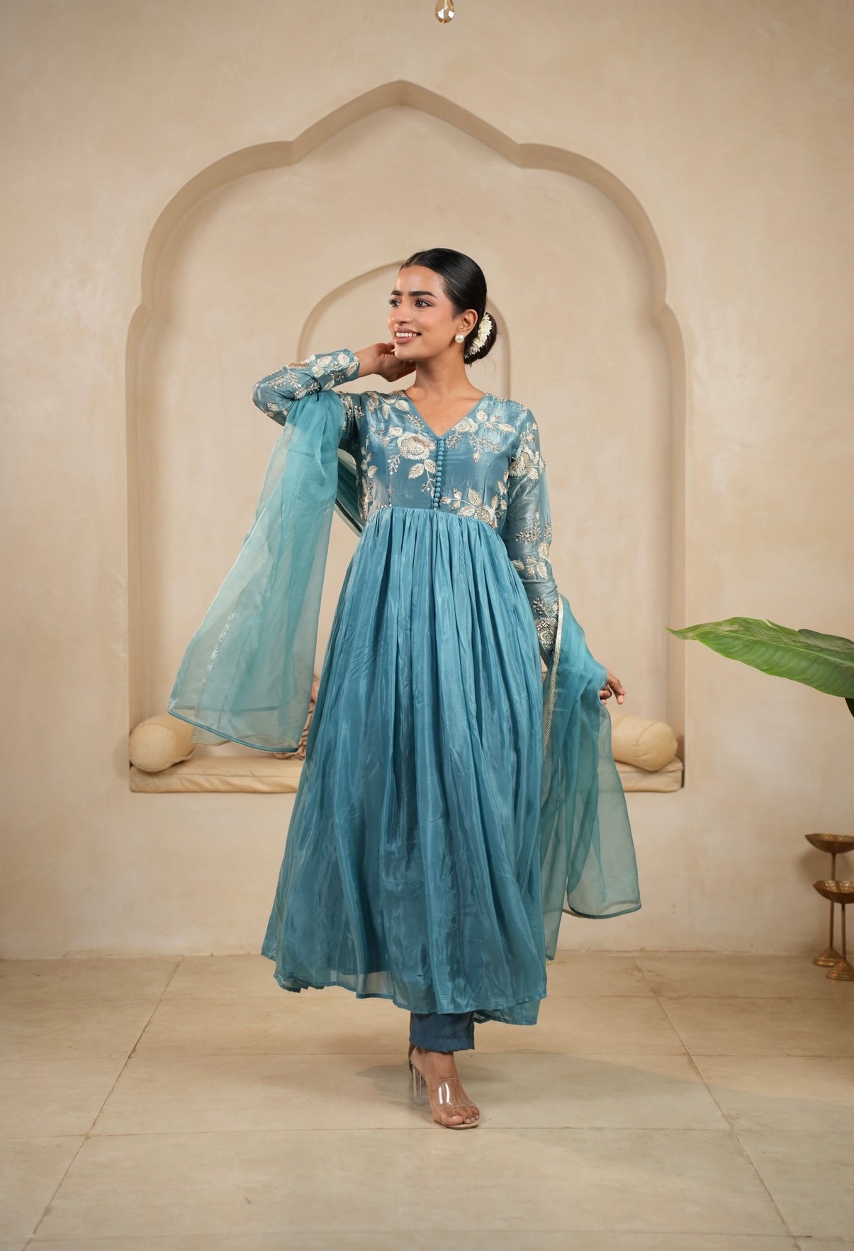 Teal Bloom Embroidered Anarkali Set