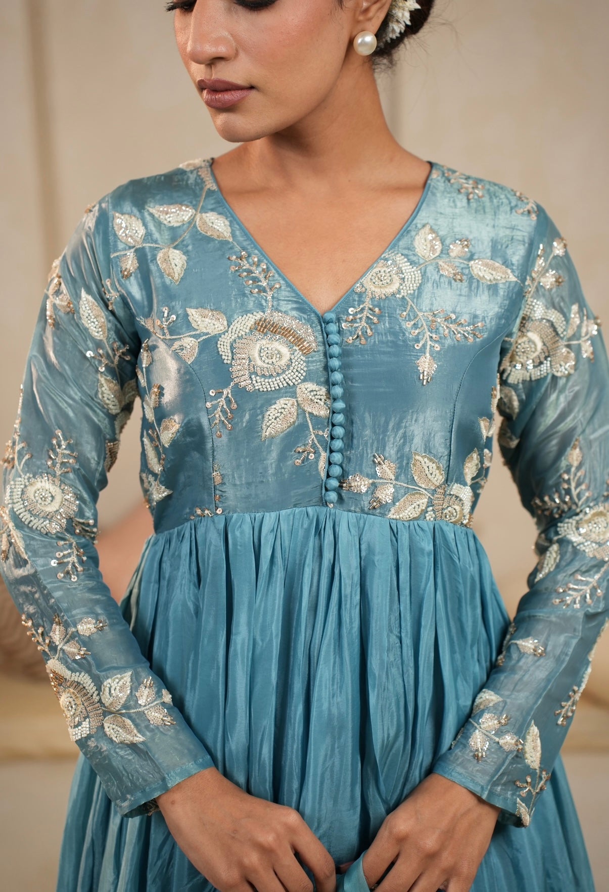 Teal Bloom Embroidered Anarkali Set