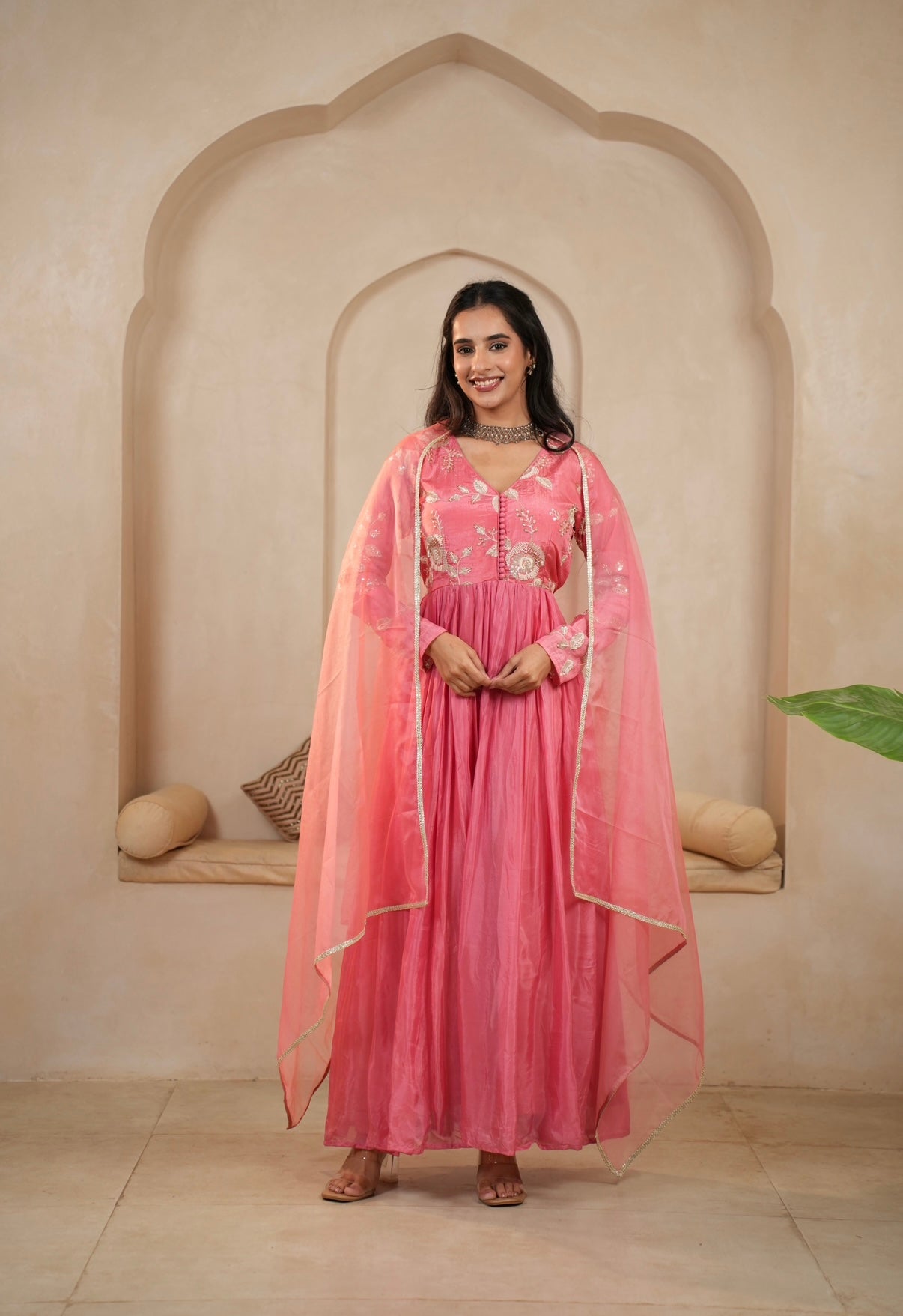 Rose Bloom Embroidered Anarkali Set
