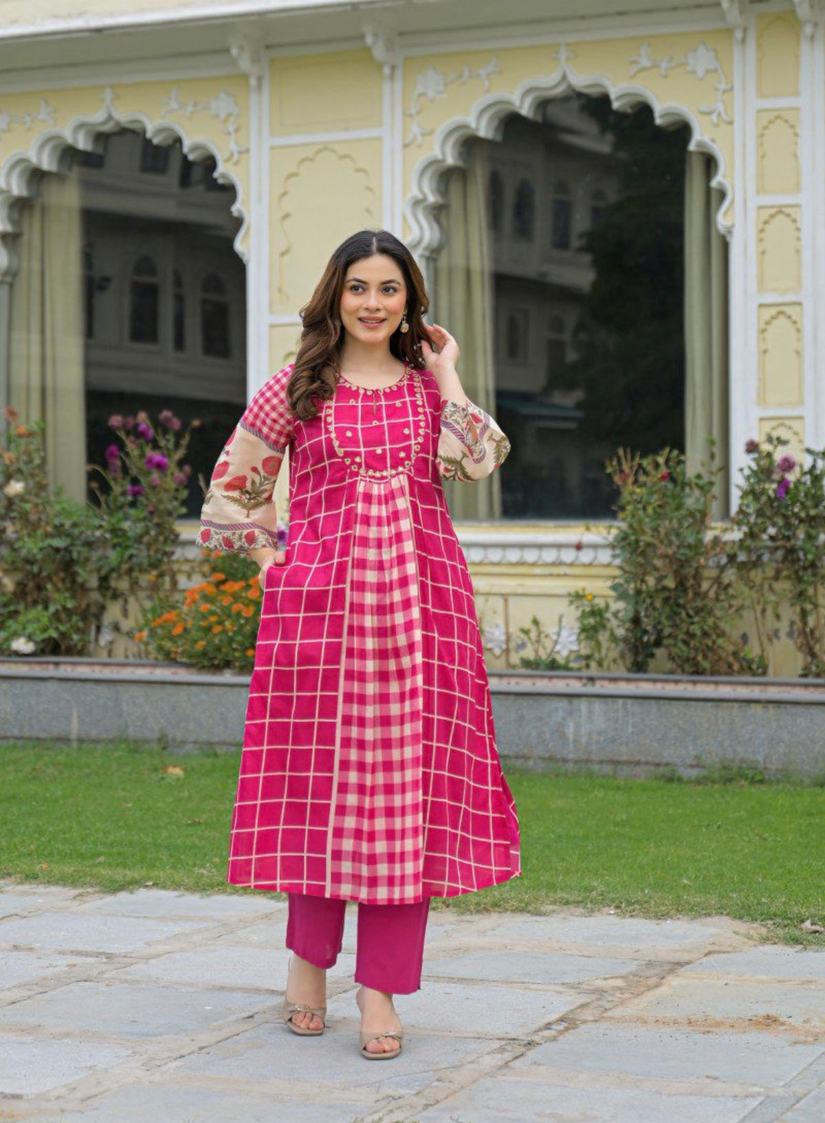 Fuchsia gulabi grid kurta set