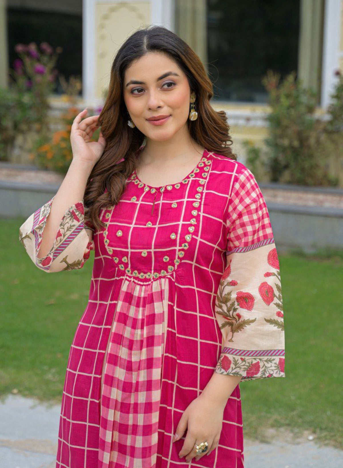 Fuchsia gulabi grid kurta set