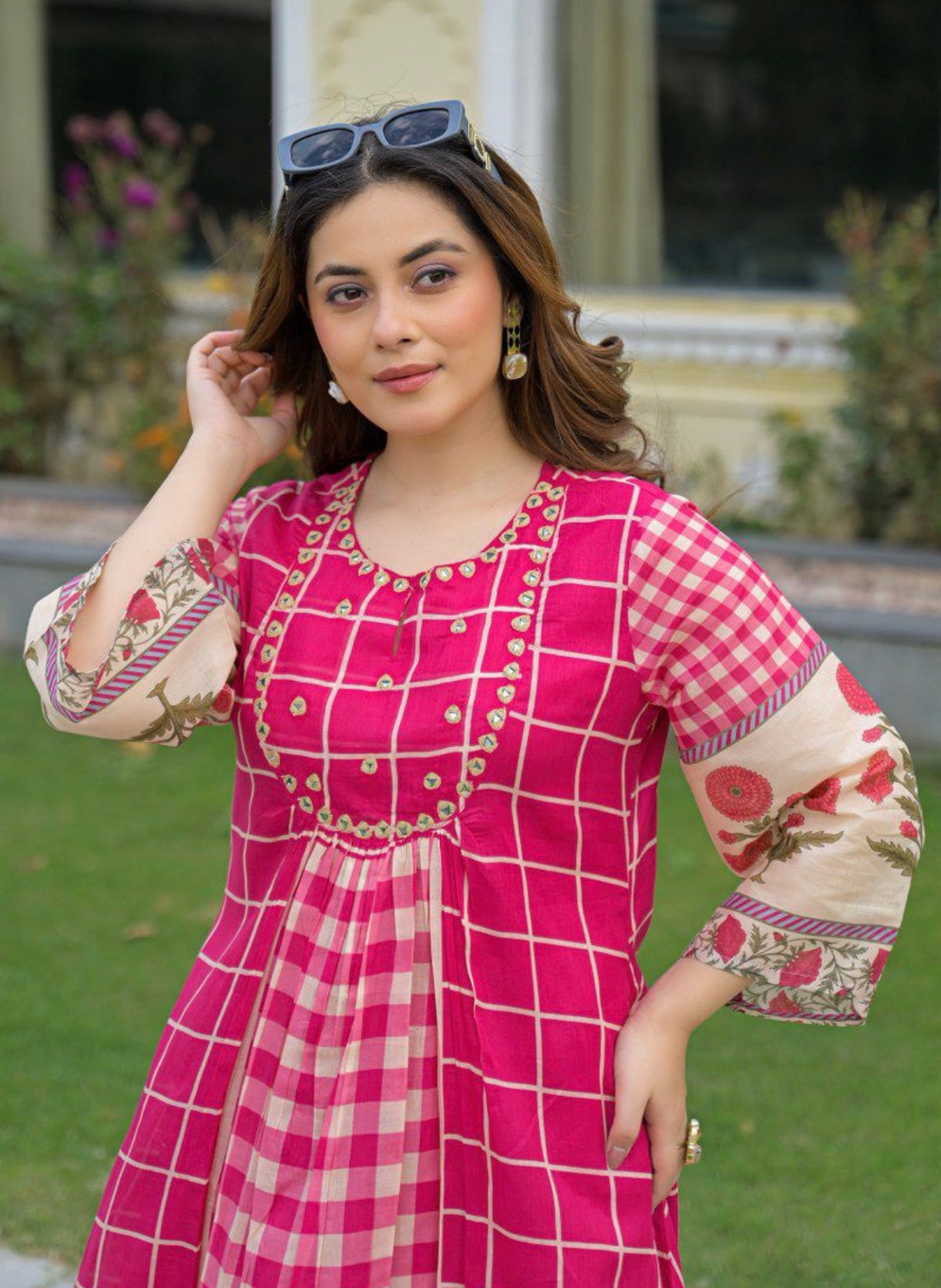 Fuchsia gulabi grid kurta set