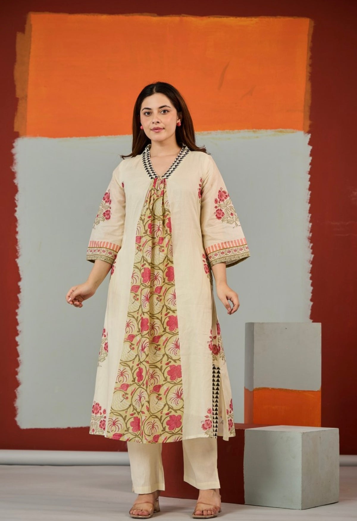 Beige & azure panelled kurta set