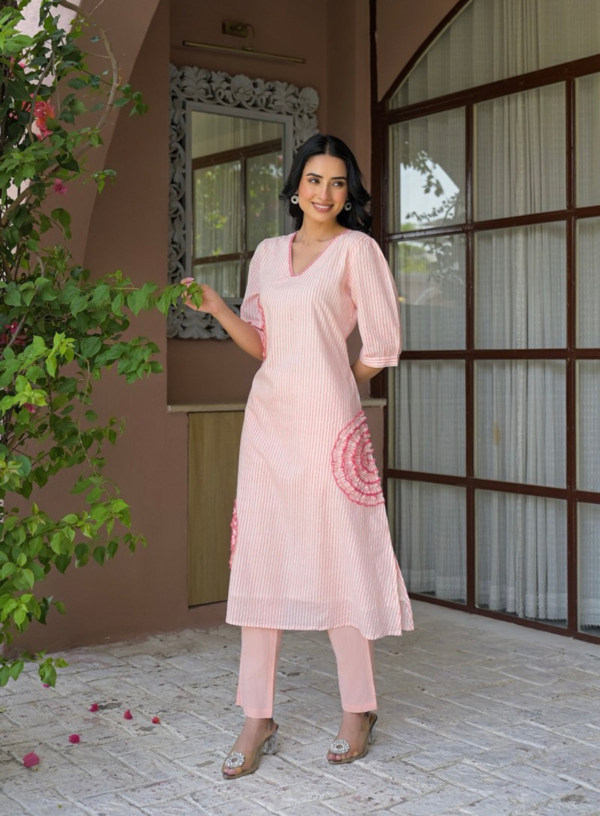 Coral bloom blush stripe kurta set