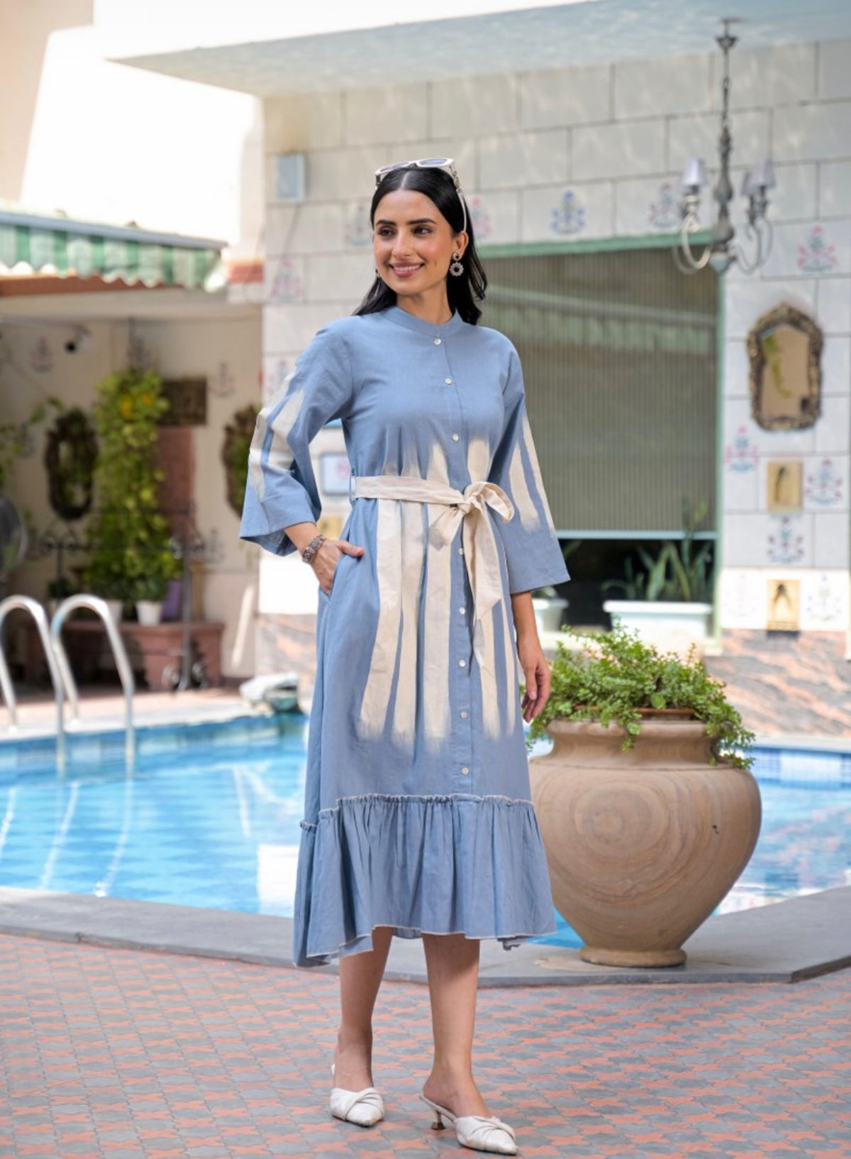 Serene sky ruffle midi dress