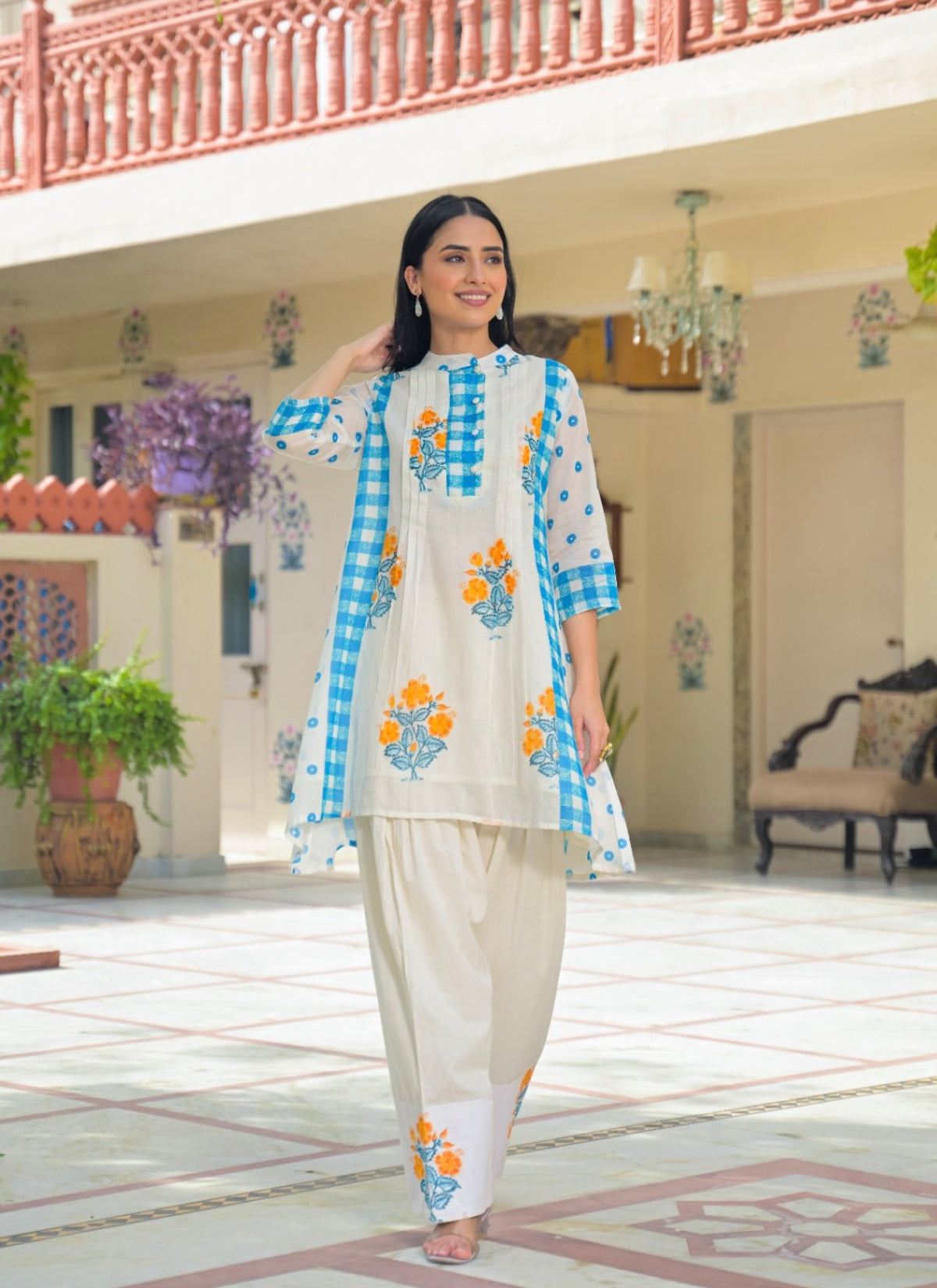 Azure checkered floral farshi set
