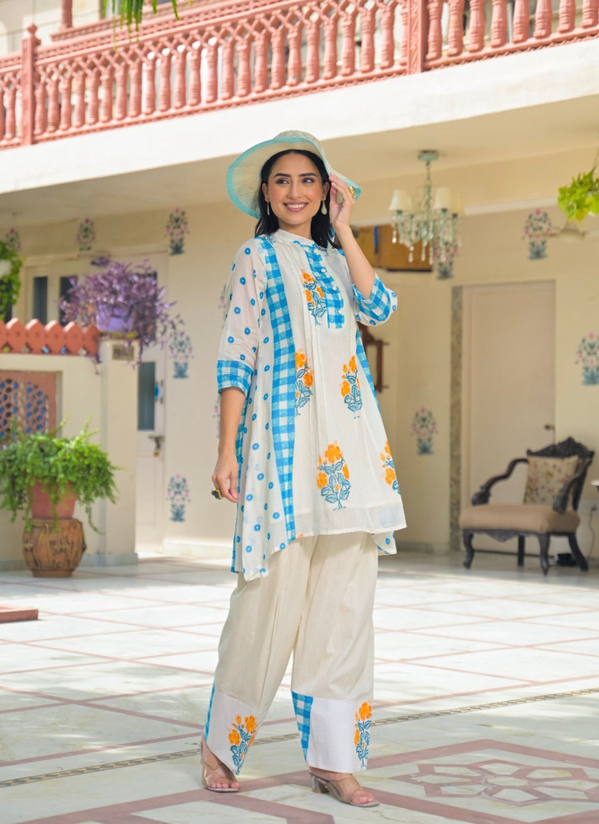 Azure checkered floral farshi set
