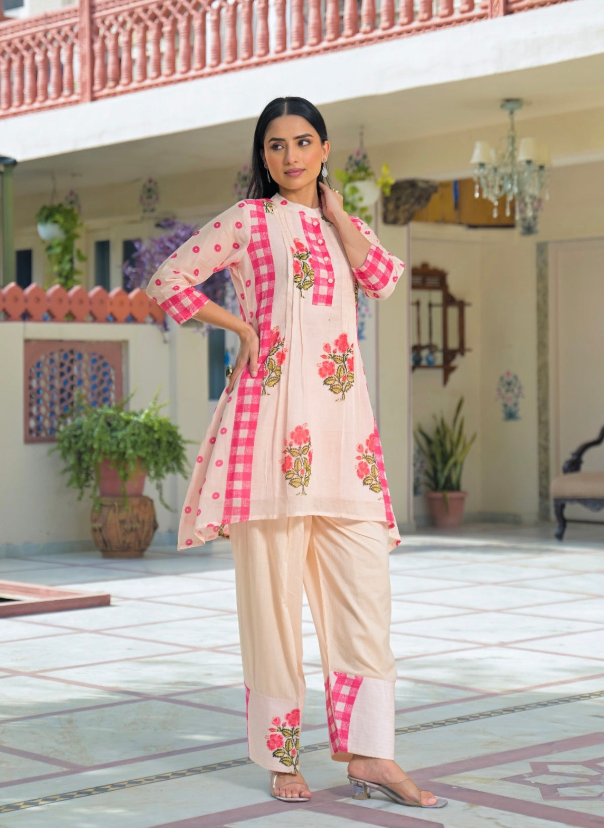 Rosy checkered floral farshi set