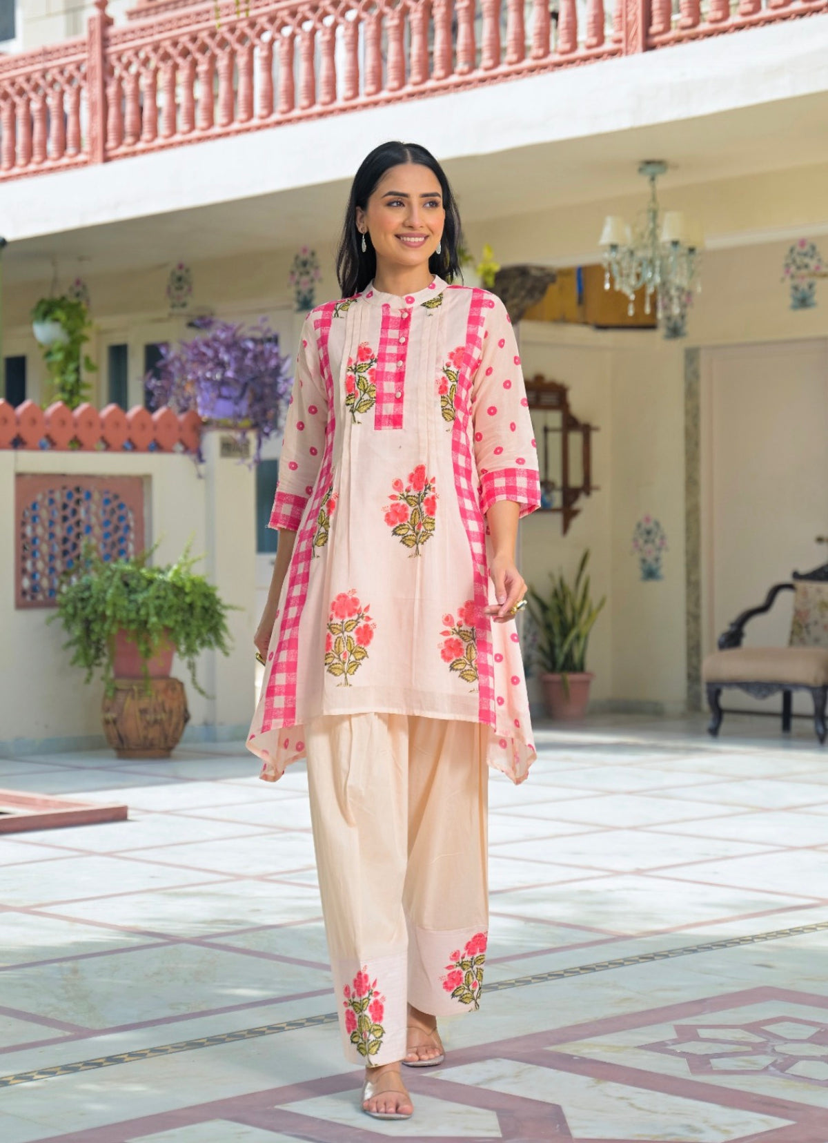 Rosy checkered floral farshi set