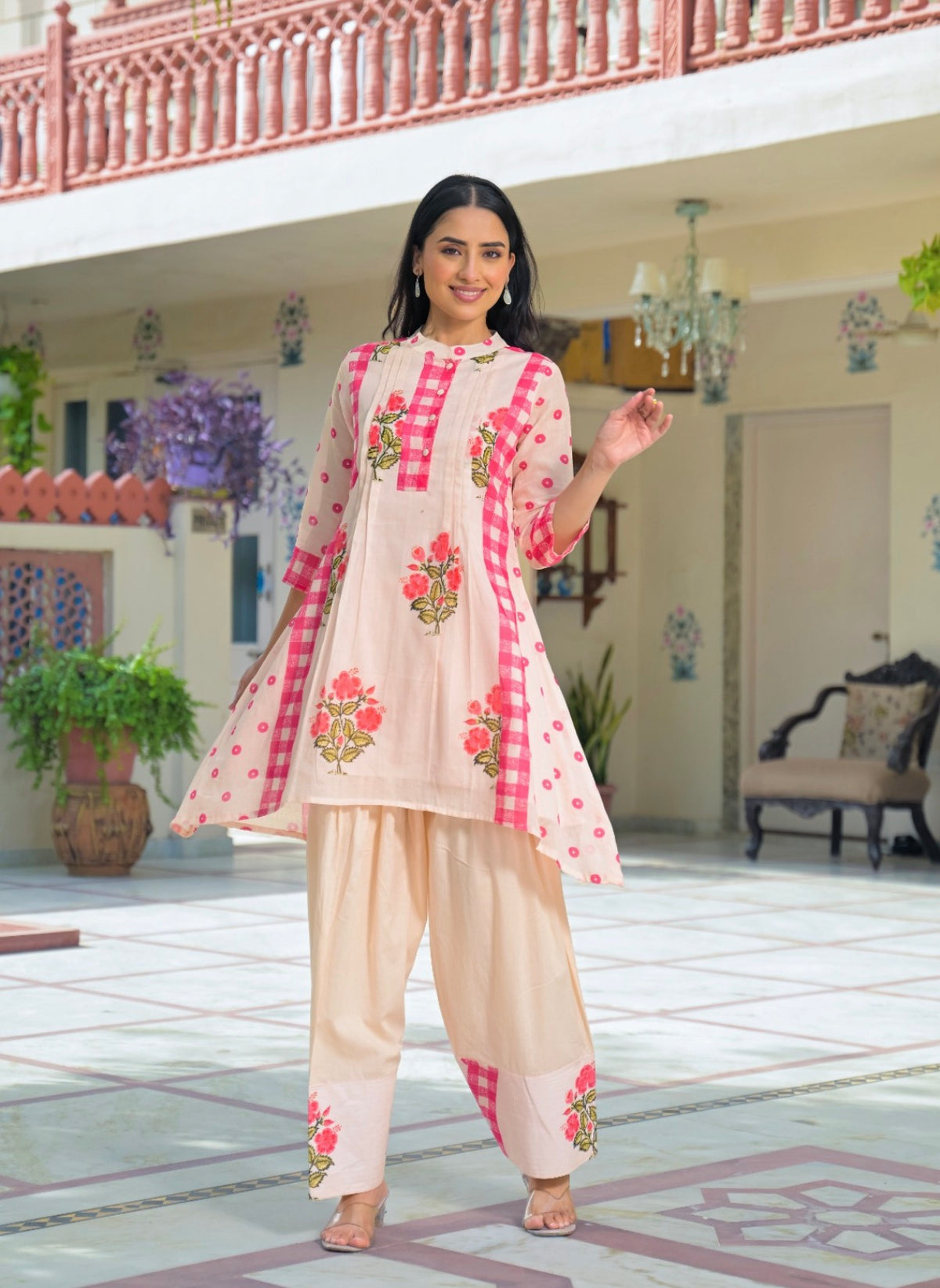 Rosy checkered floral farshi set