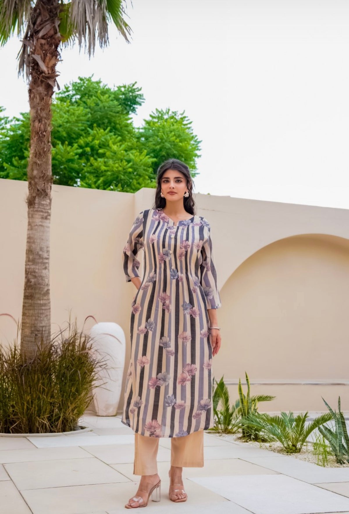 Pastel floral stripe kurta set