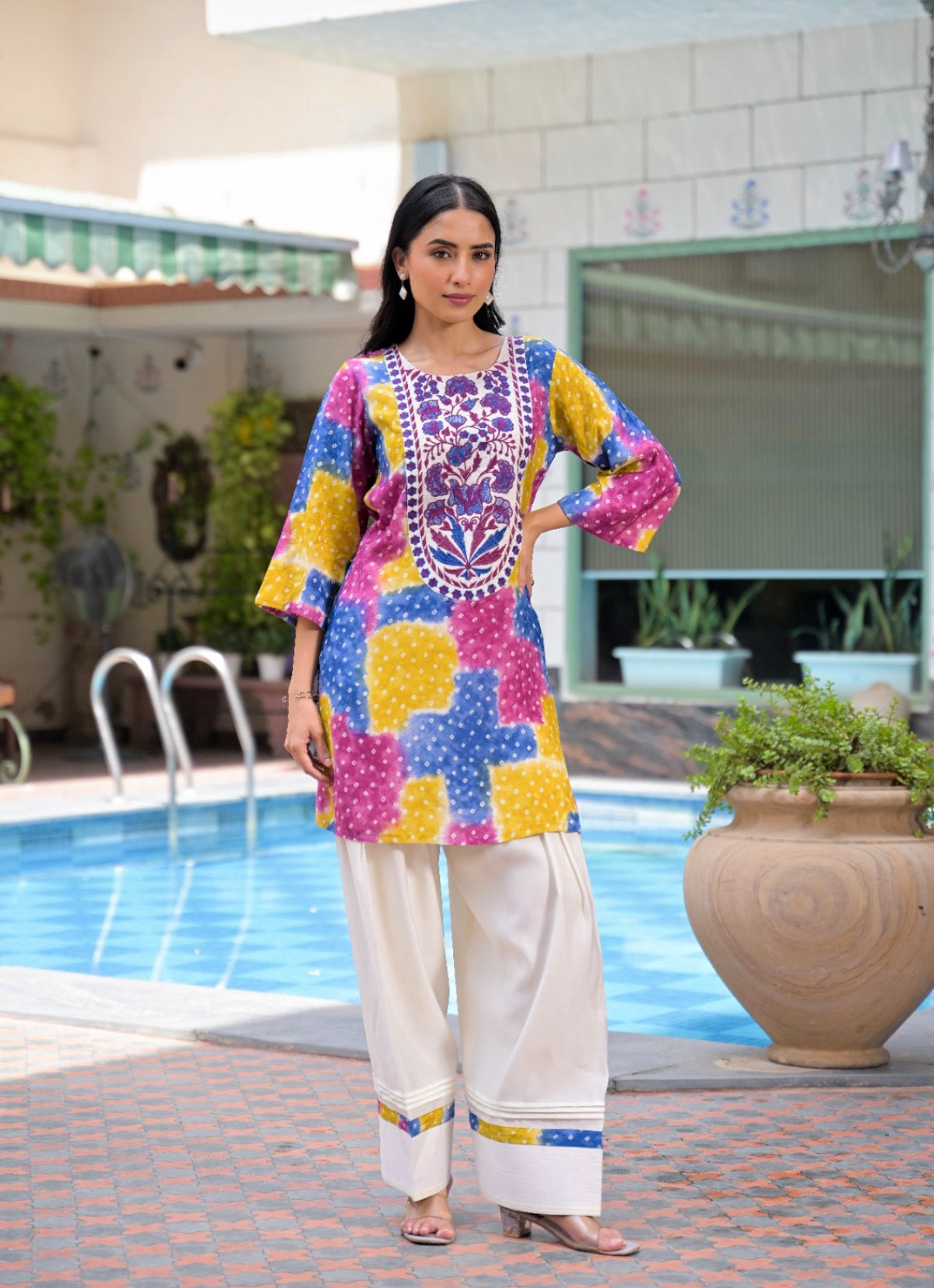 Prismatic bandhani artisanal farshi set