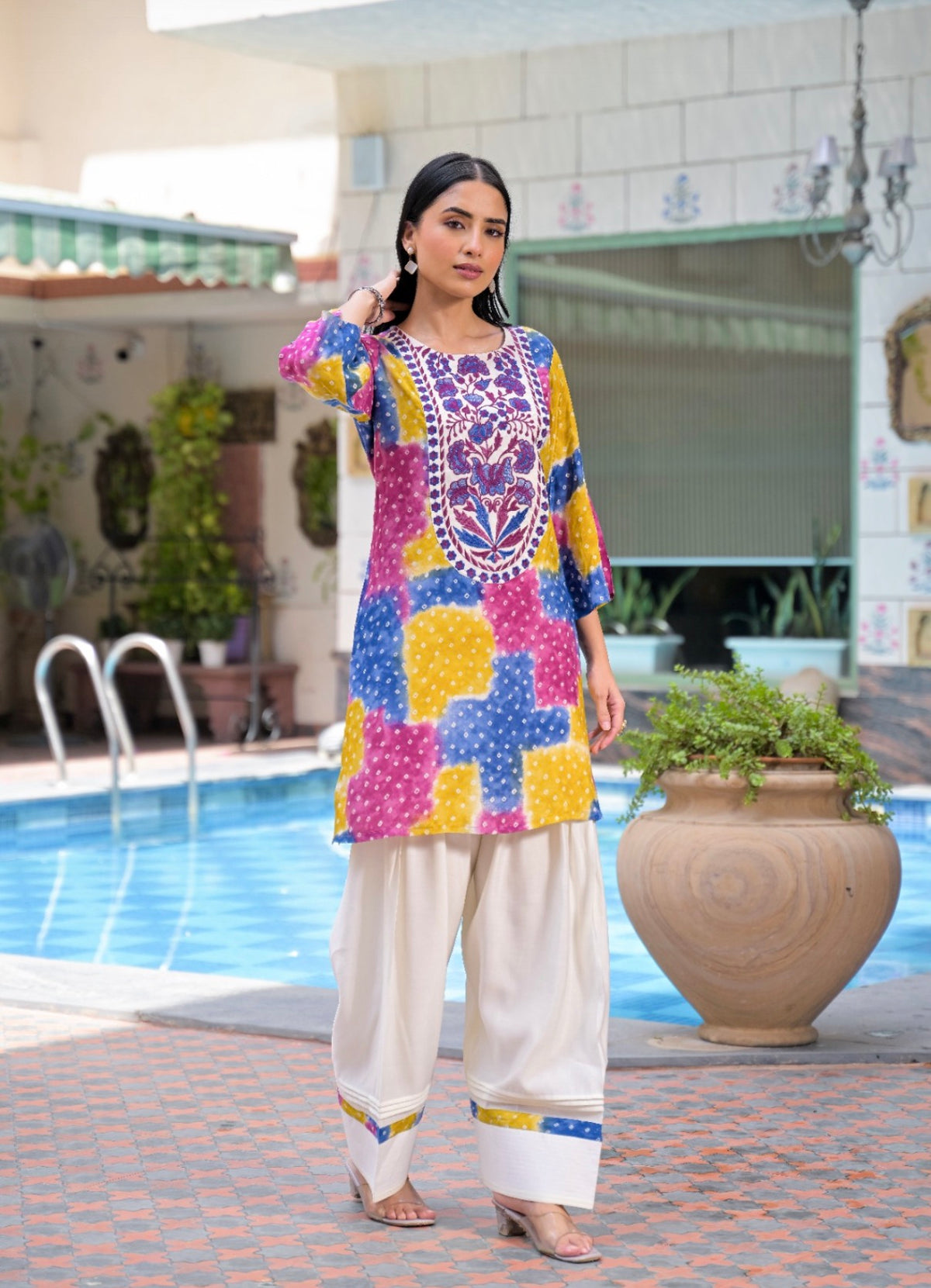Prismatic bandhani artisanal farshi set