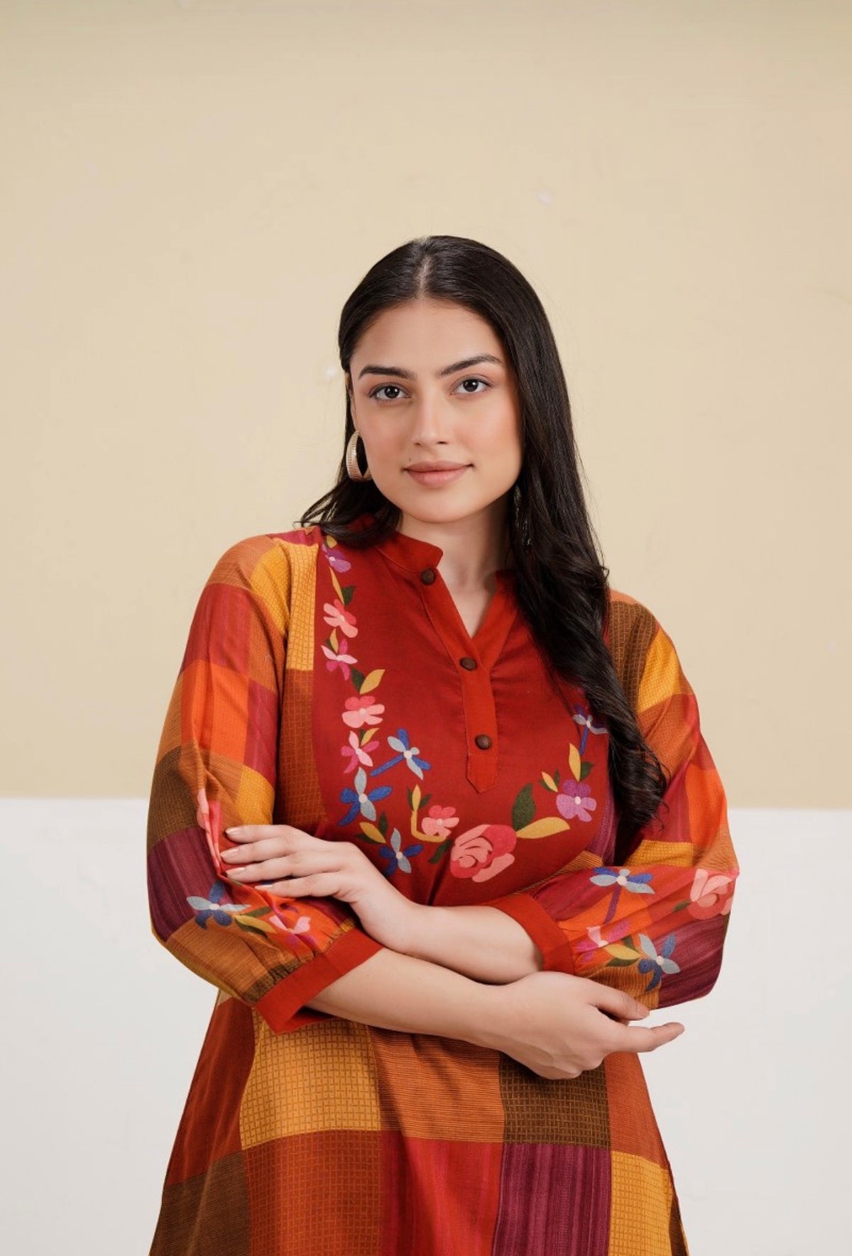 Rust & mustard check hue kurta set