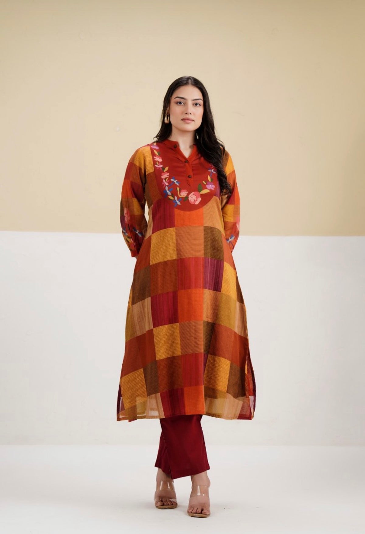Rust & mustard check hue kurta set
