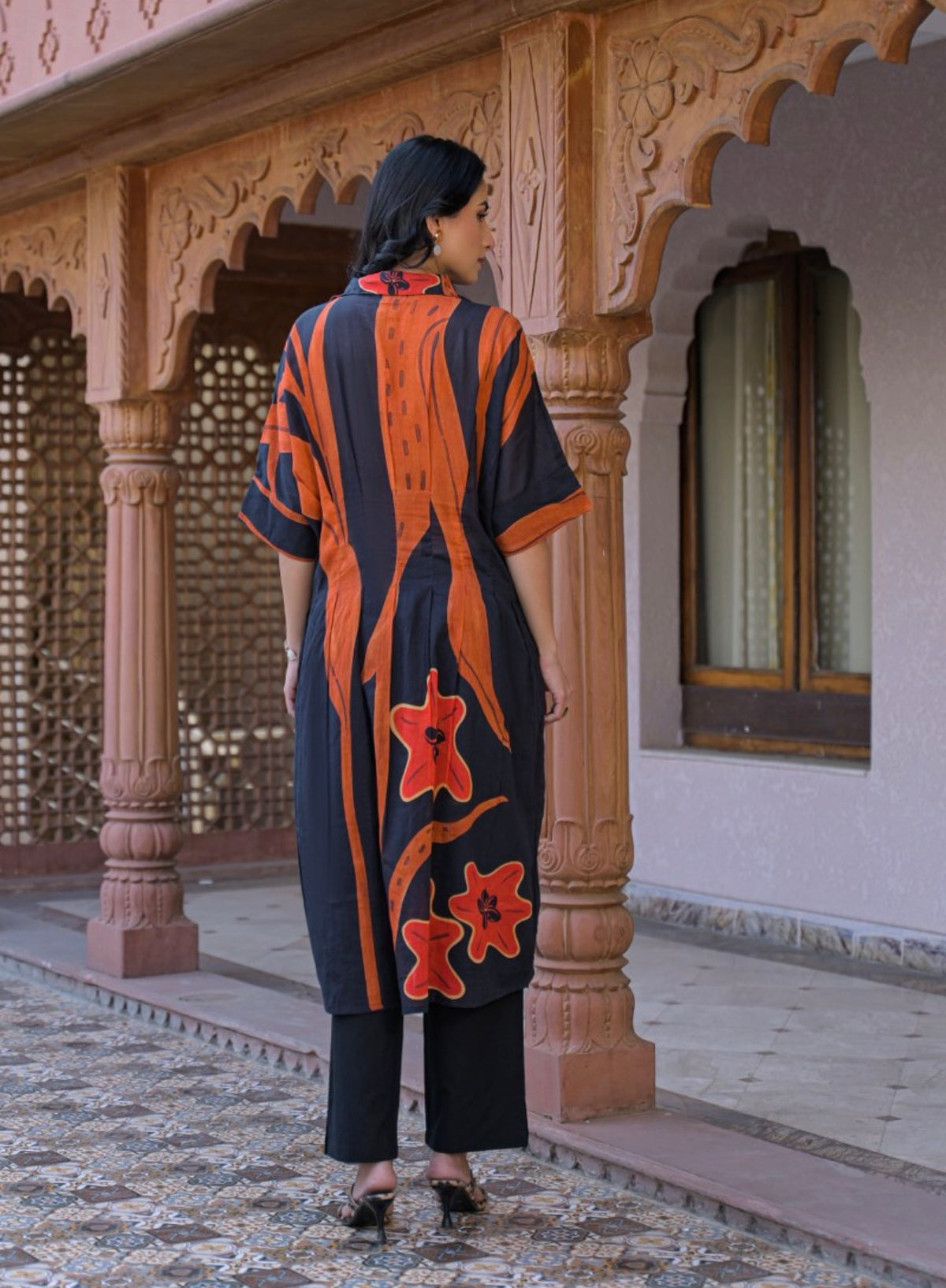 Rust and charcoal abstract kurta set