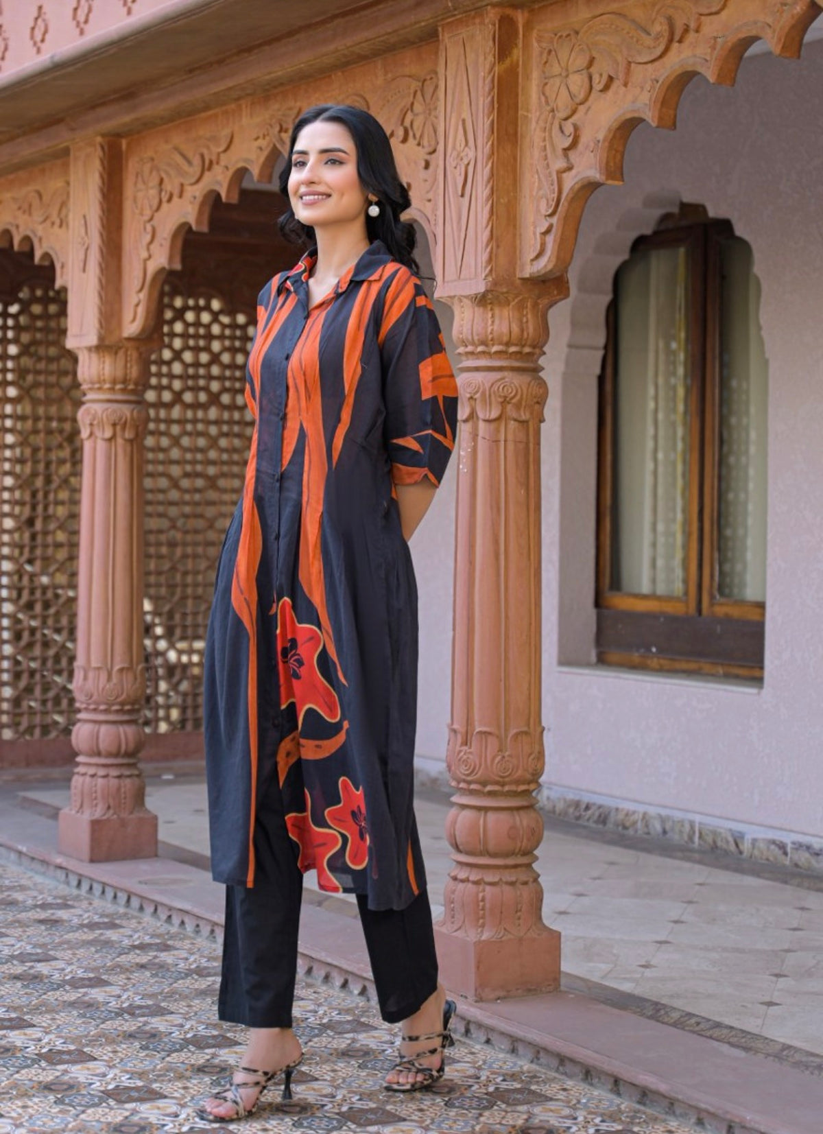 Rust and charcoal abstract kurta set