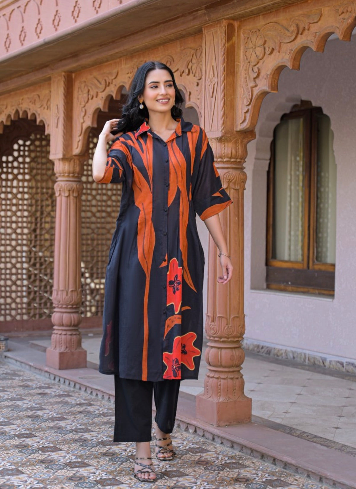 Rust and charcoal abstract kurta set