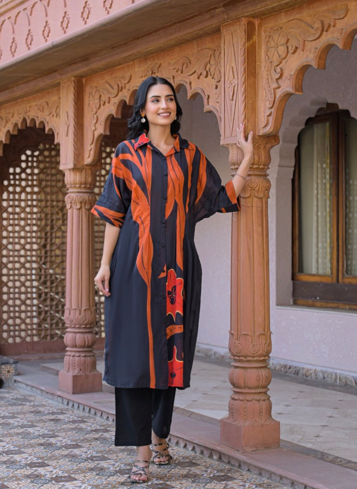 Rust and charcoal abstract kurta set