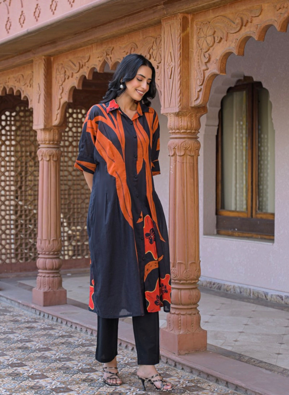 Rust and charcoal abstract kurta set
