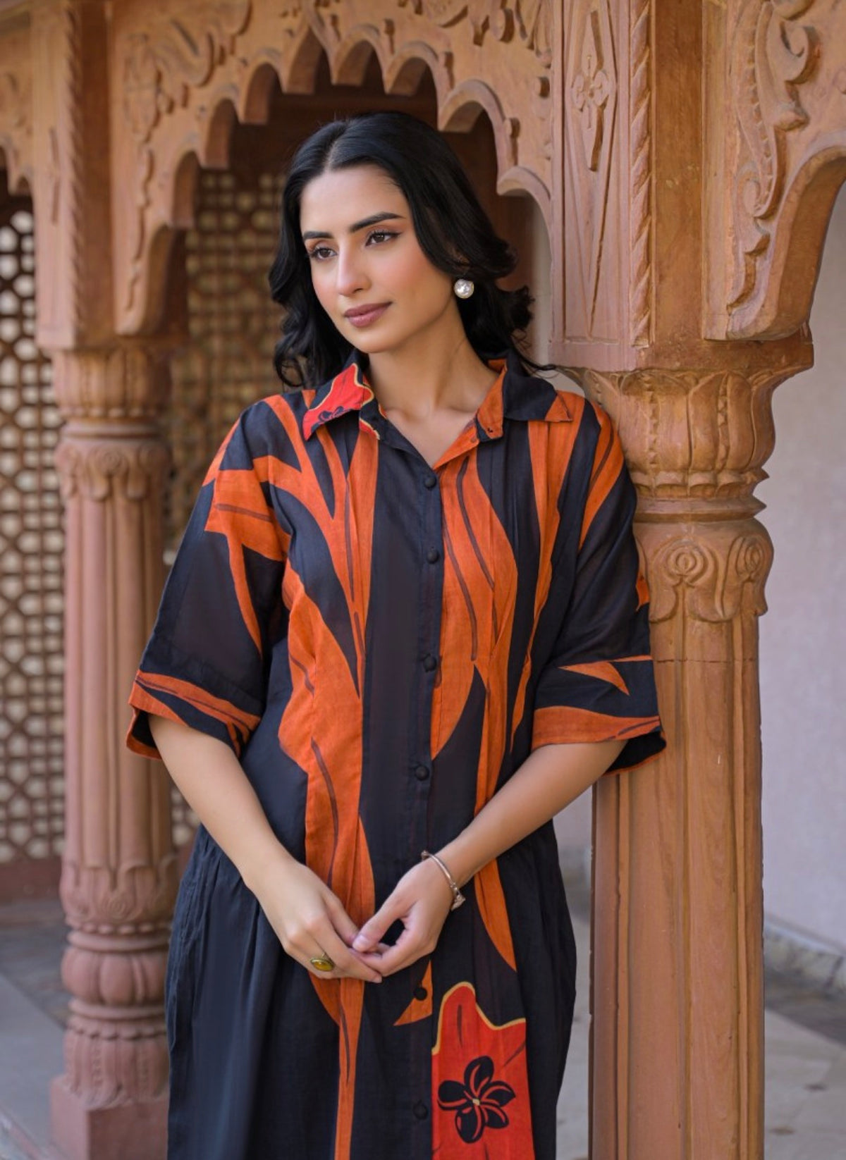 Rust and charcoal abstract kurta set