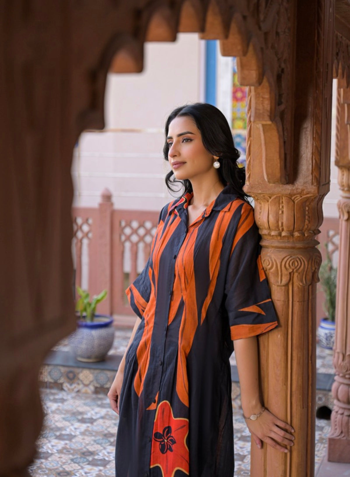 Rust and charcoal abstract kurta set