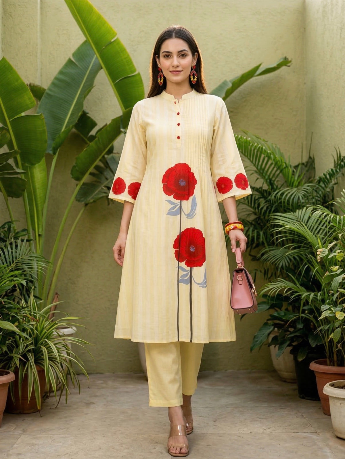 Red bloom contemporary kurta set