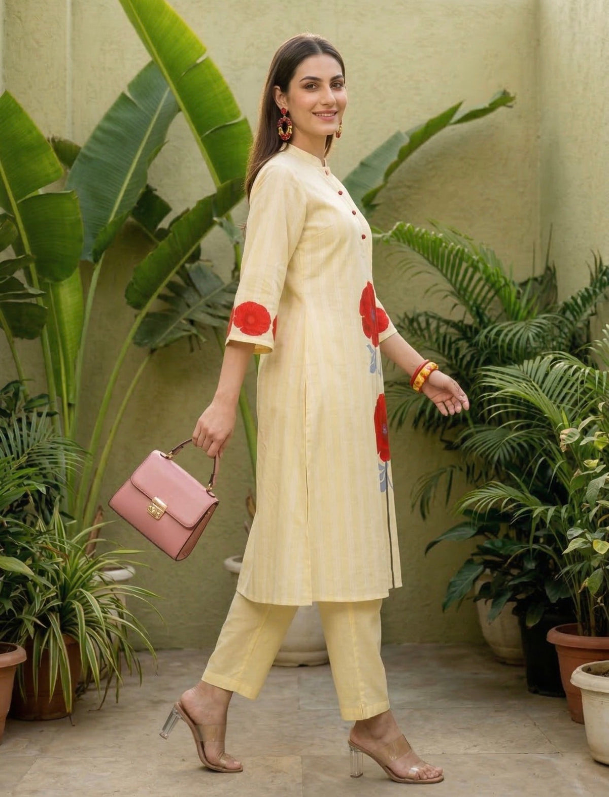 Red bloom contemporary kurta set