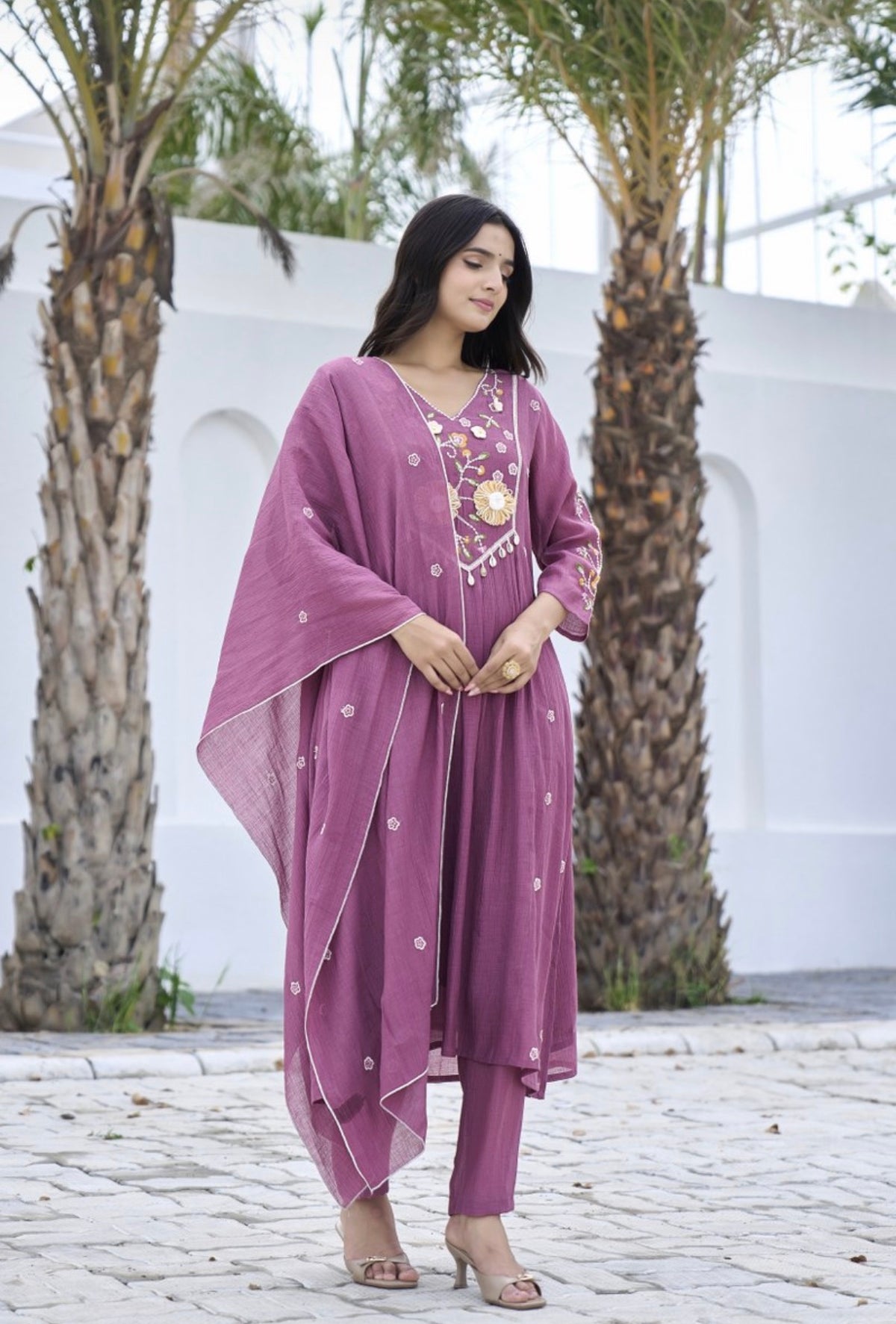 Mauve meadow embroidered suit set