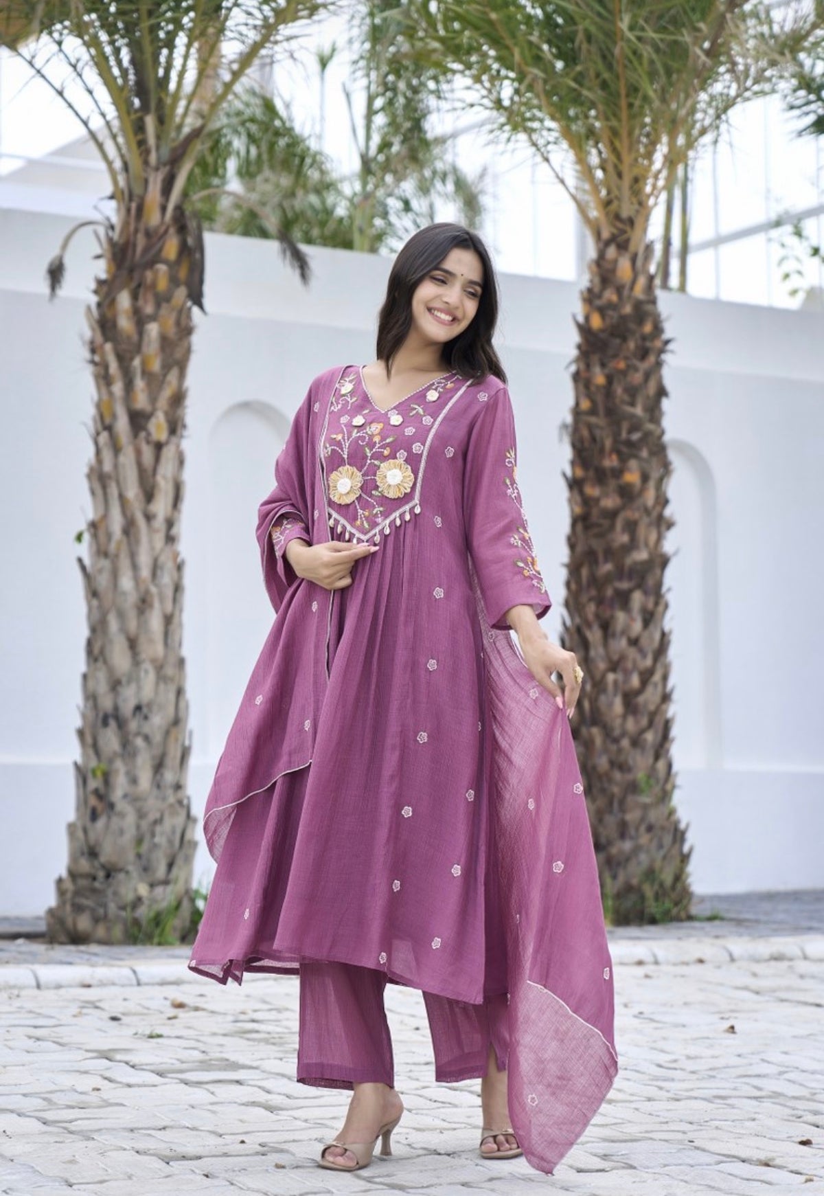 Mauve meadow embroidered suit set