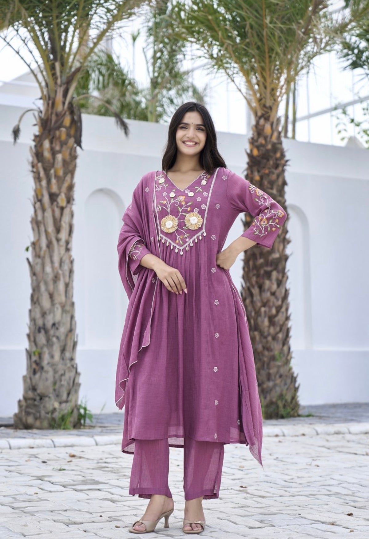 Mauve meadow embroidered suit set