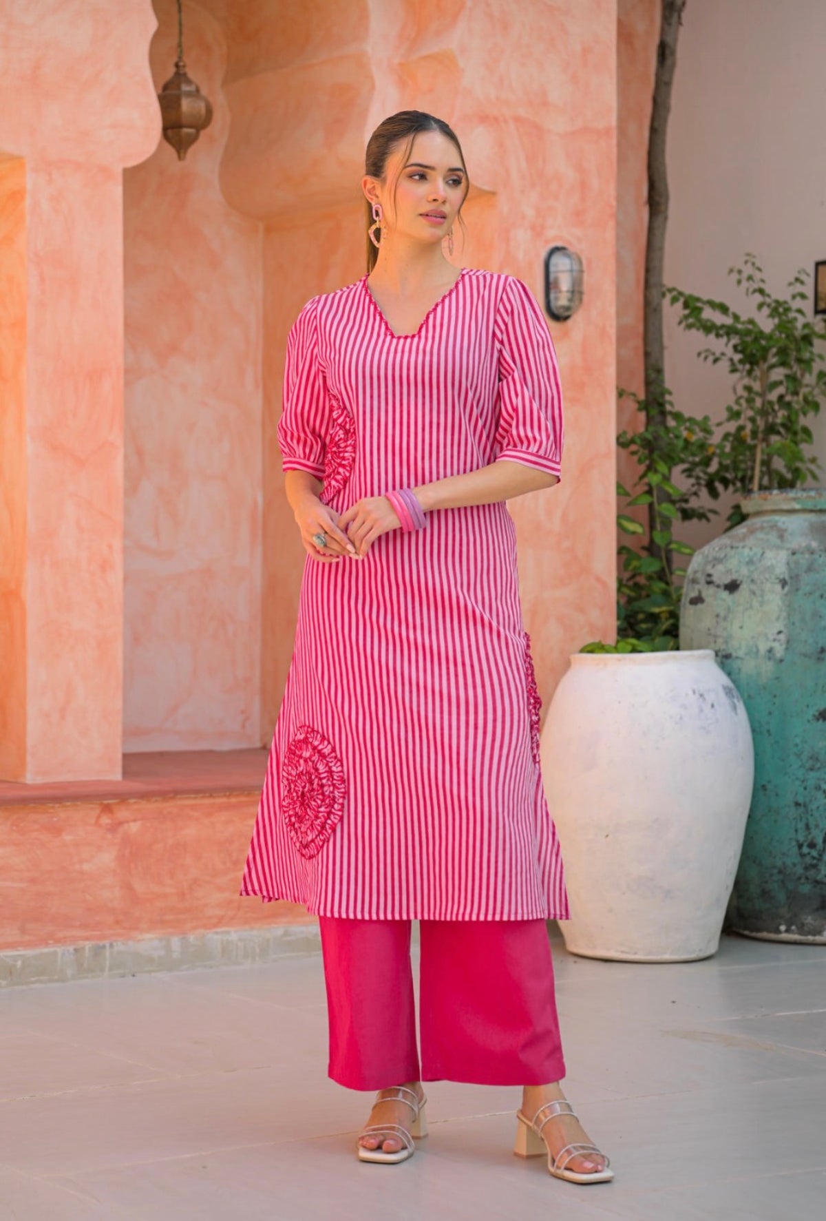 Fuchsia bloom blush stripe kurta set