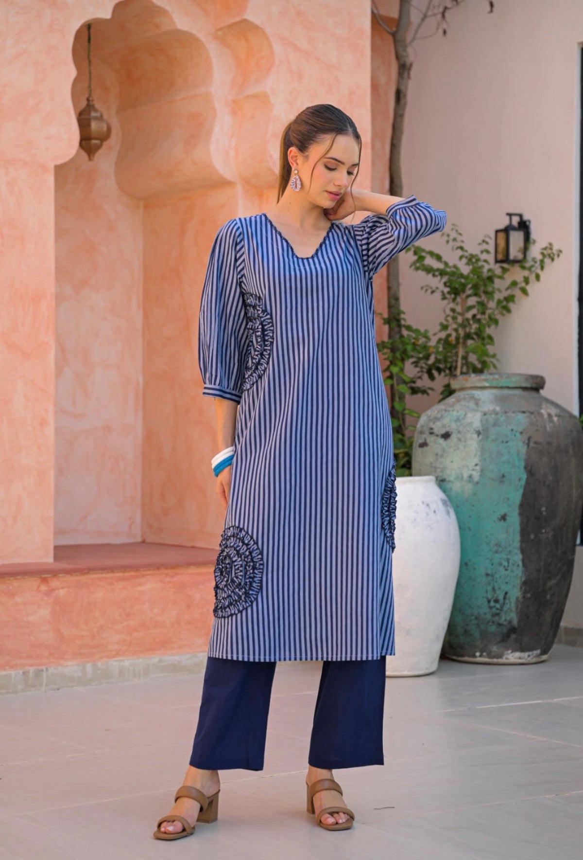 Midnight bloom blush stripe kurta set