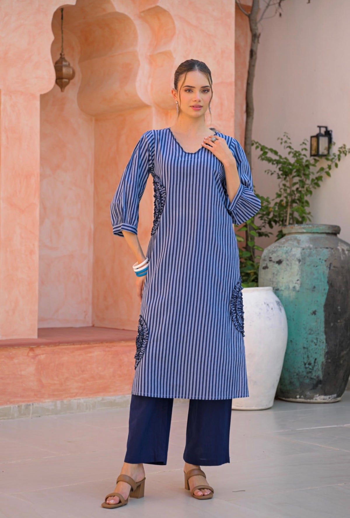 Midnight bloom blush stripe kurta set
