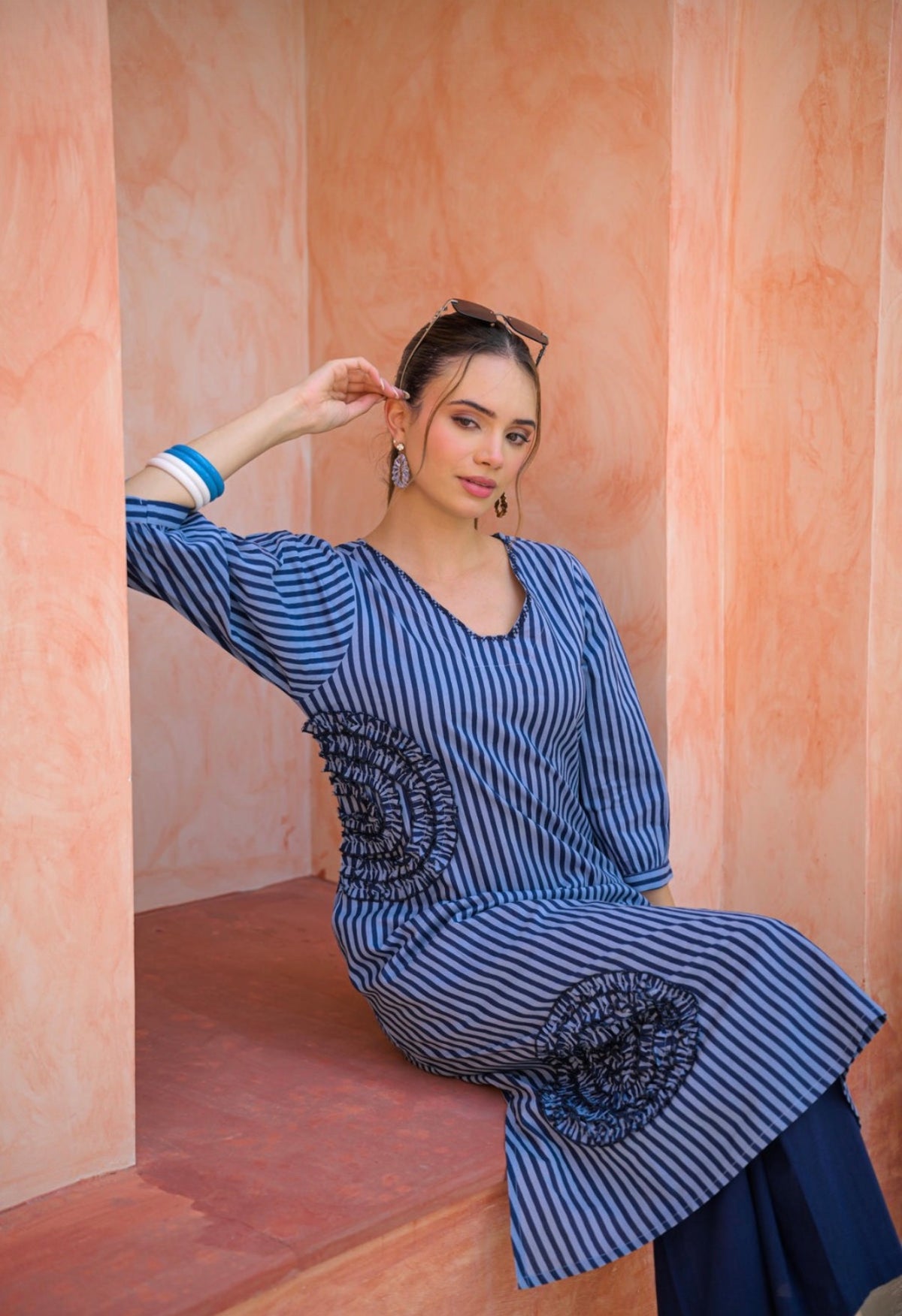 Midnight bloom blush stripe kurta set