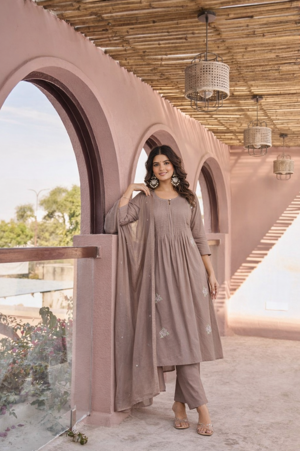 Silken Taupe Embroidered Cotton Kurta Set