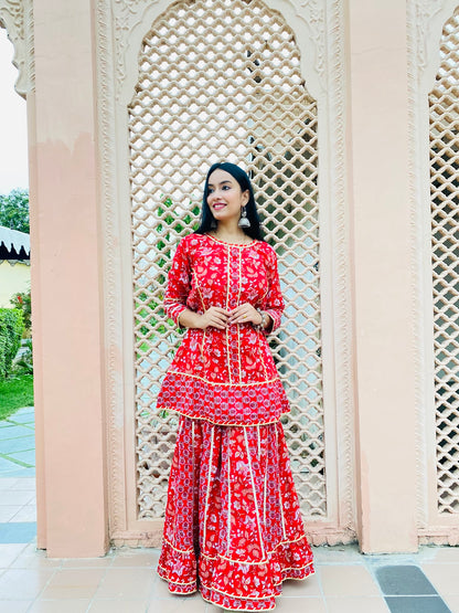 Red Printed Gota work cotton Sharara suit-set