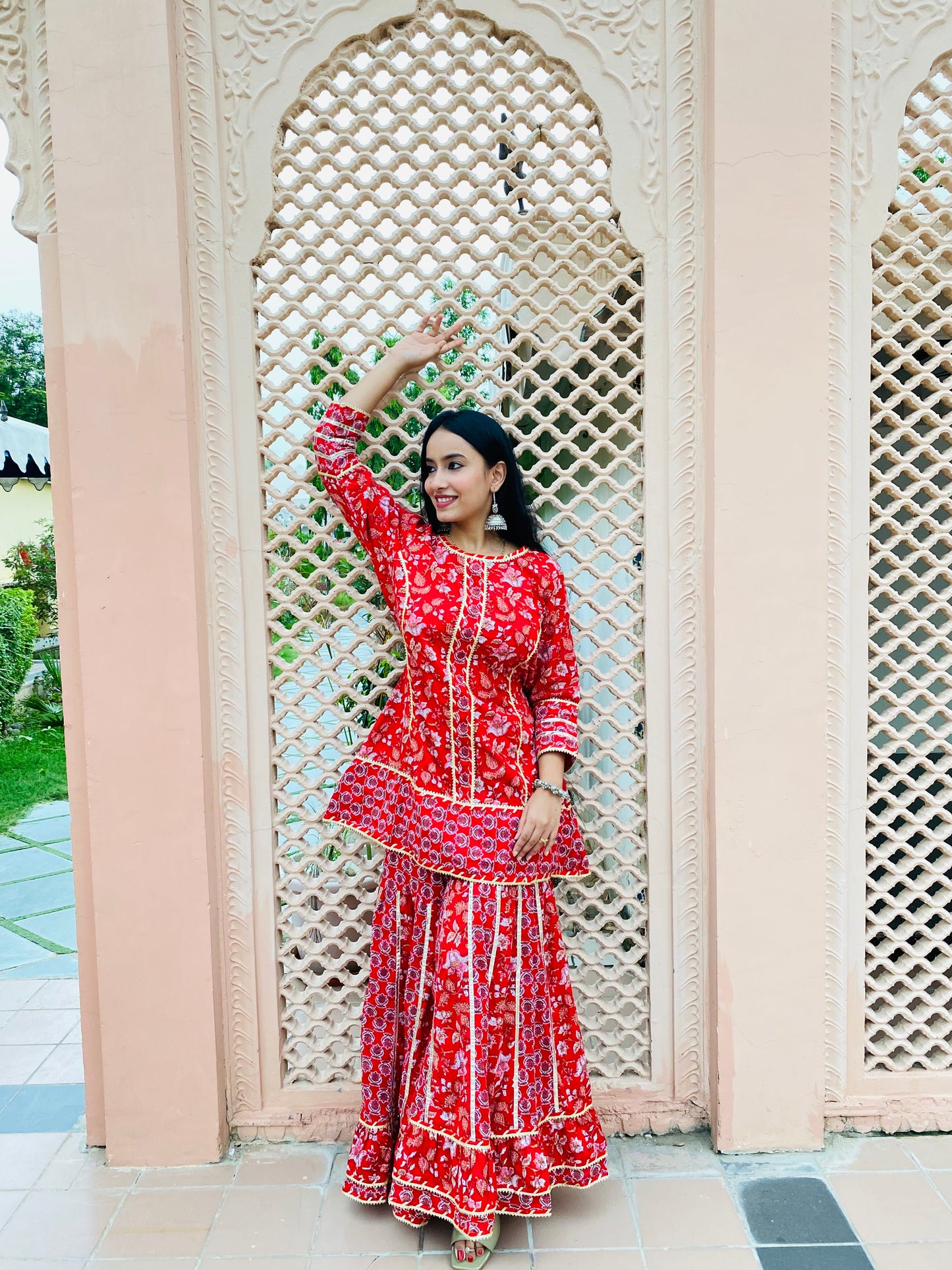 Red Printed Gota work cotton Sharara suit-set