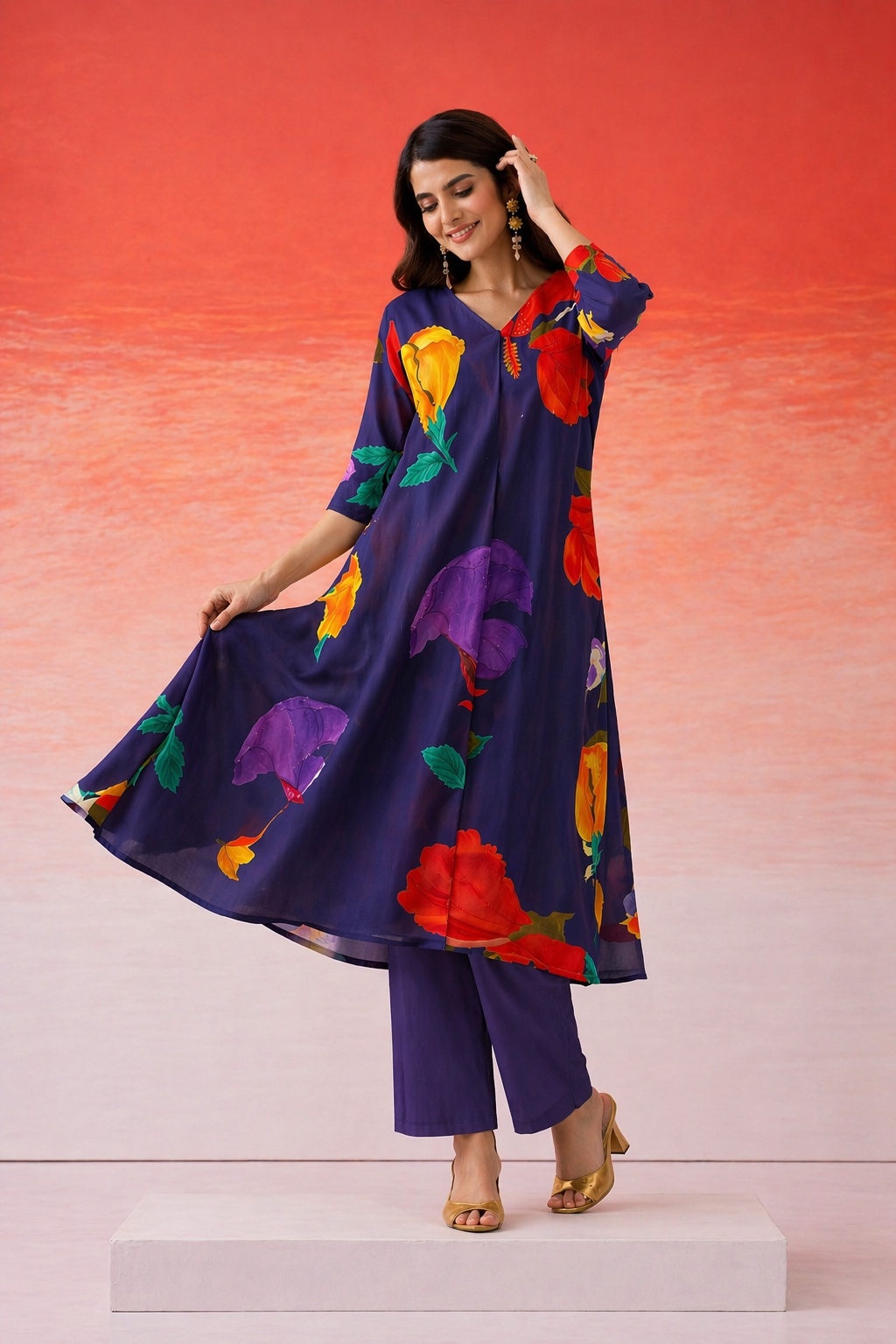 Blossoms at Midnight Indigo Kurta Set