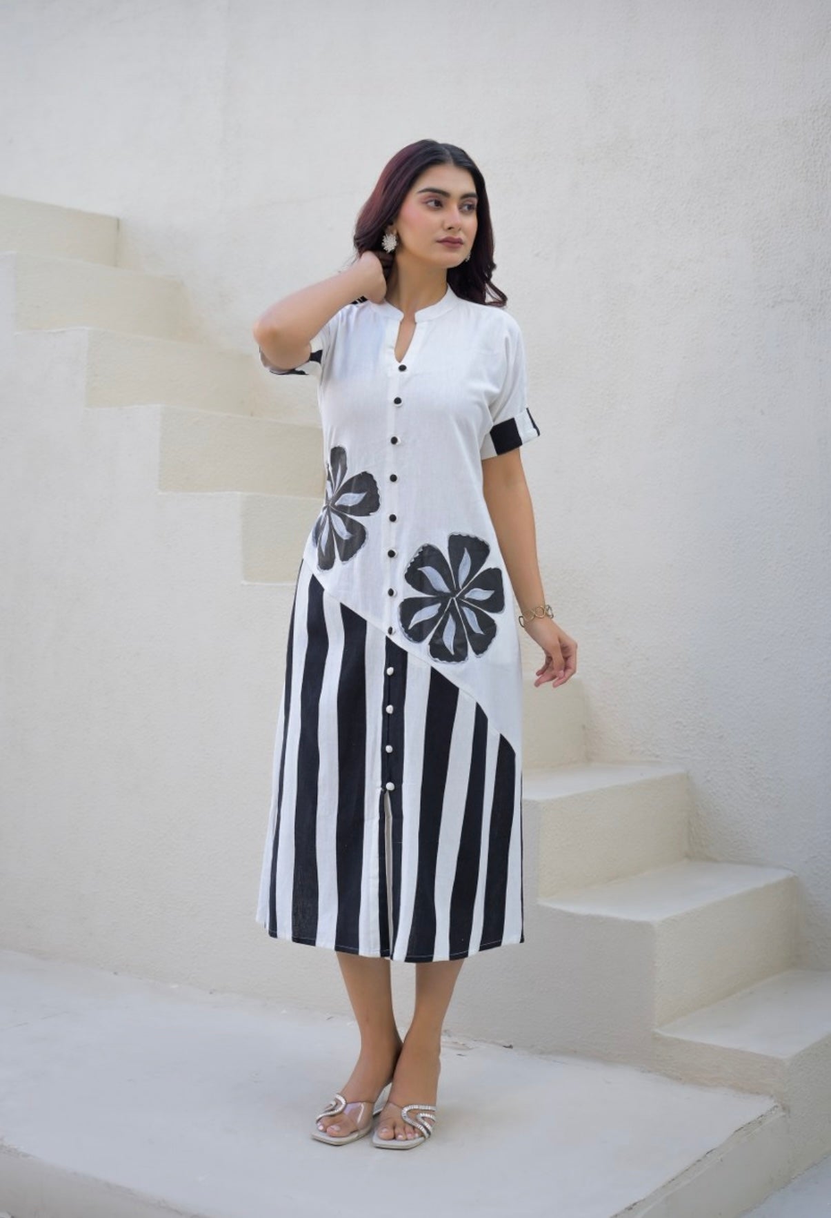 Black Petal Drift Midi Dress