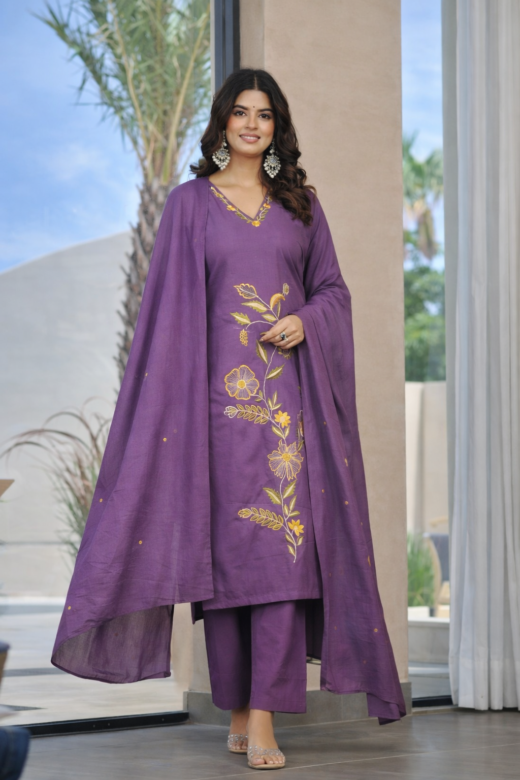Royal Amethyst Embroidered Cotton Kurta Set With Dupatta