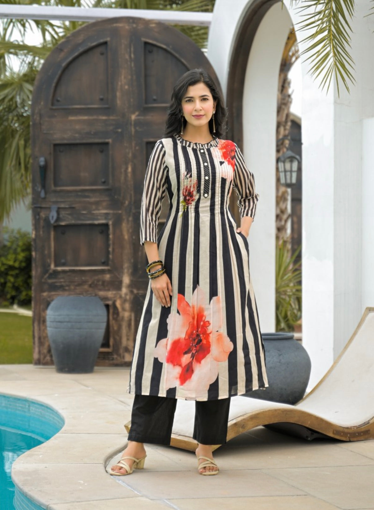 Scarlet Petals on Ivory Stripes Kurta Set