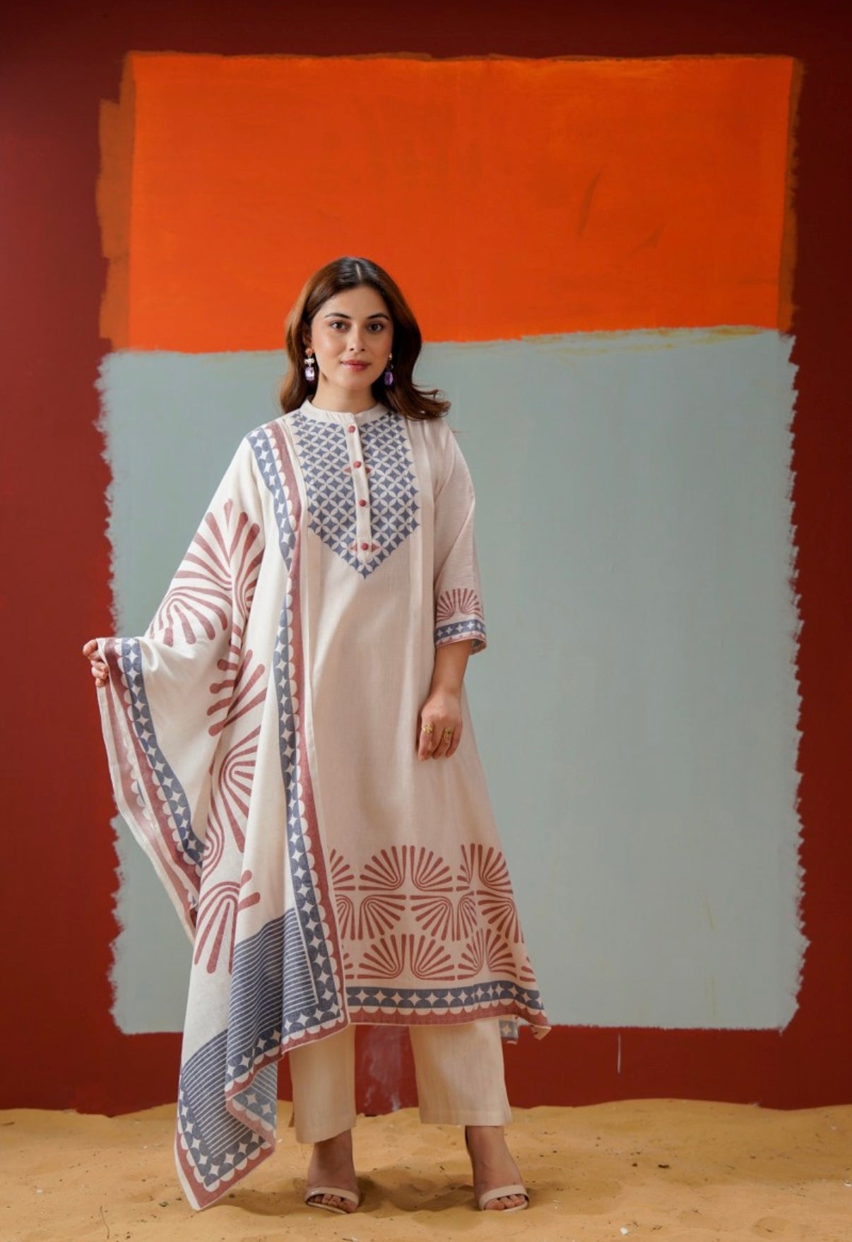 Rust & Slate Ivory Printed Kurta Set