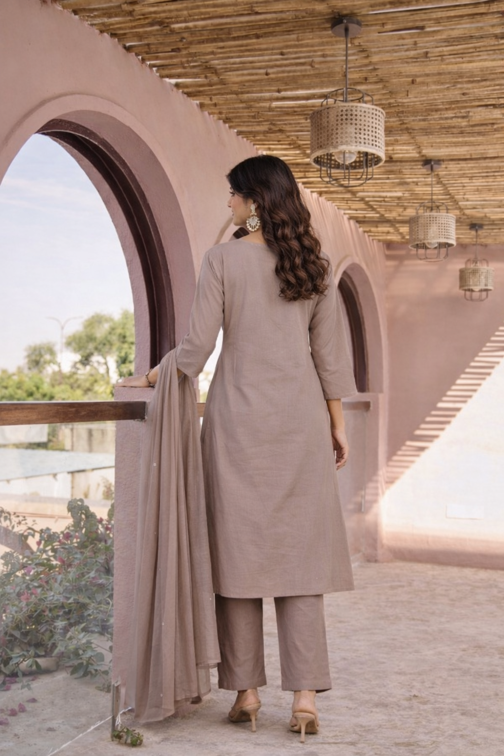 Silken Taupe Embroidered Cotton Kurta Set