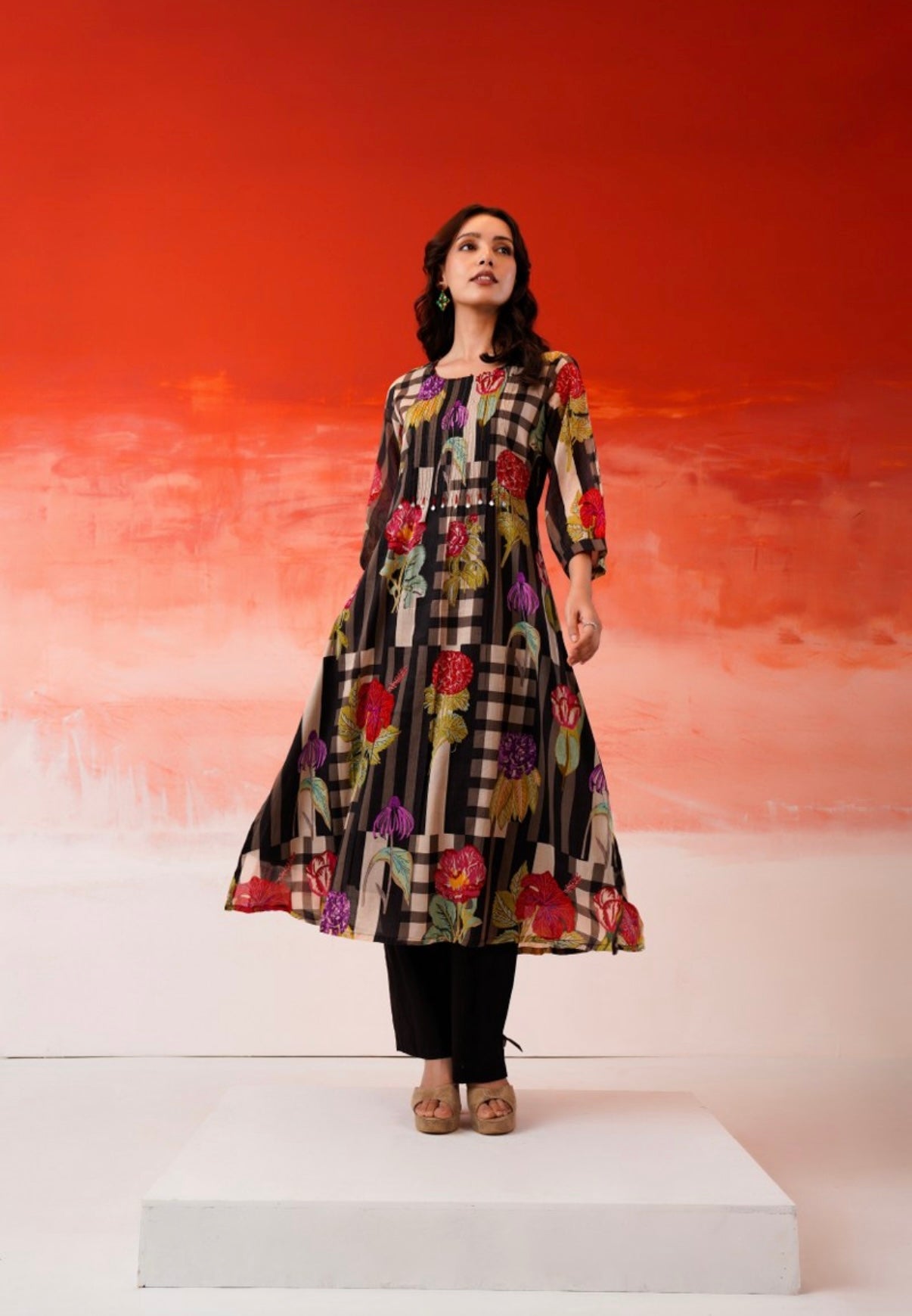 Velvet Petals Black Check Kurta Set
