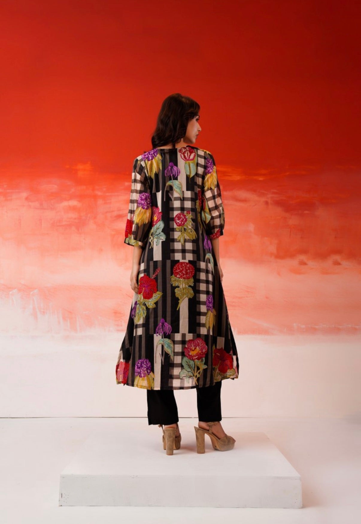 Velvet Petals Black Check Kurta Set