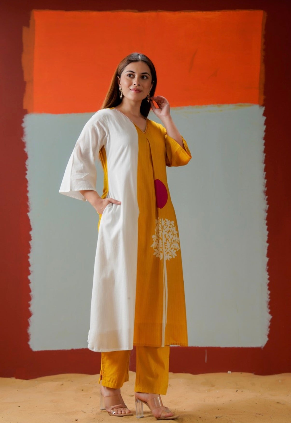 Golden Glow Split-Panel Cotton Kurta Set