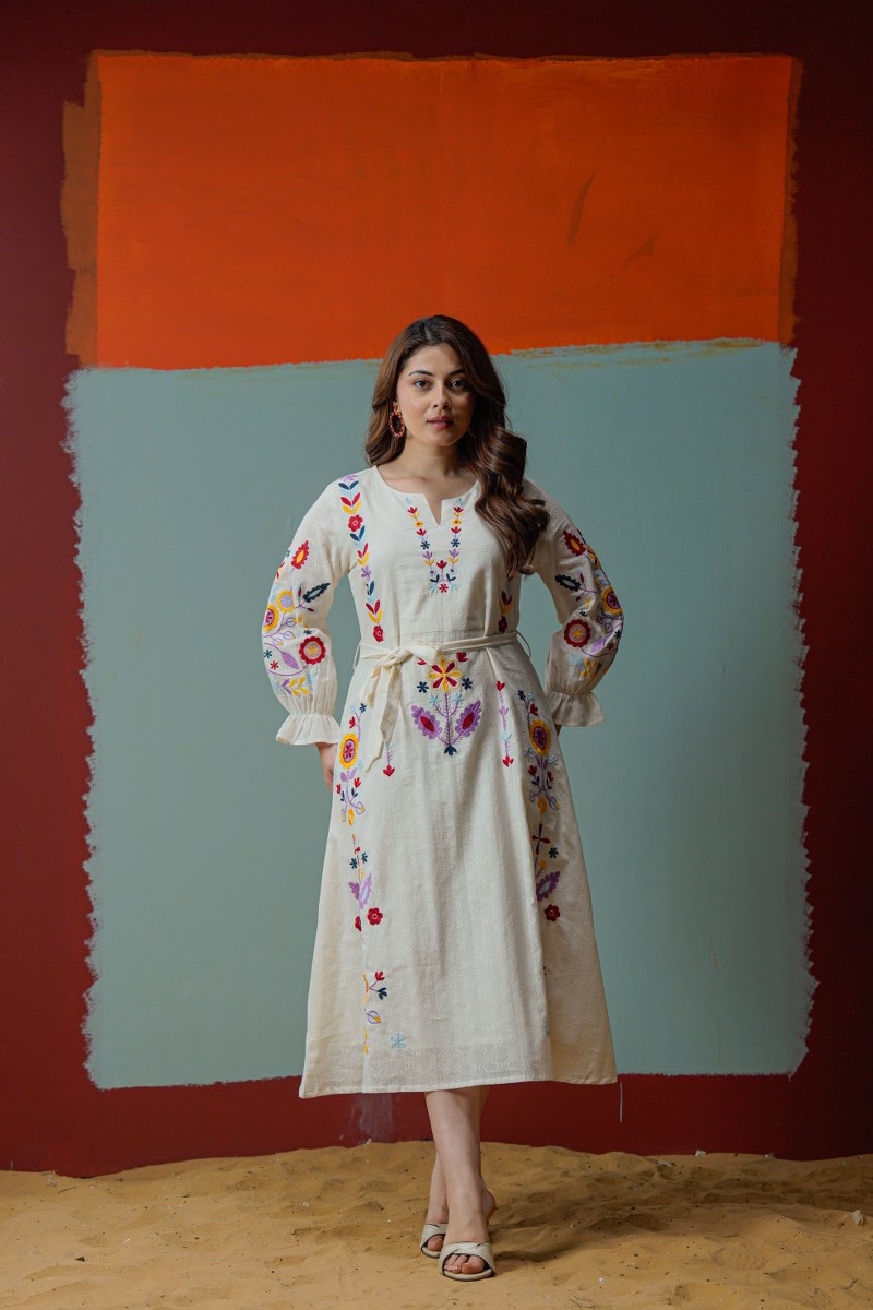Folk Bloom Ivory Embroidered Dress